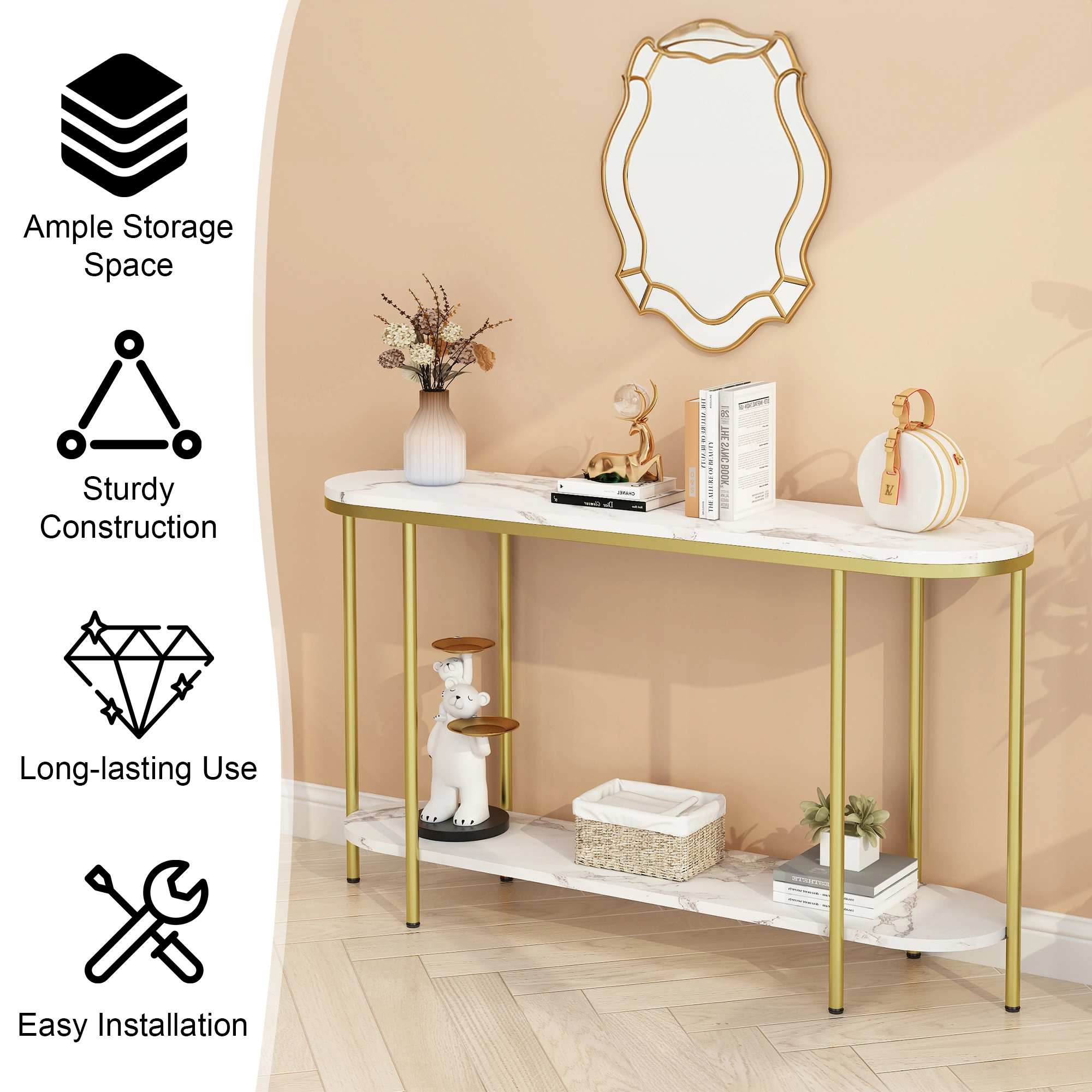 2-Tier Oval Console Table, White Faux Marble Top with Gold Metal Frame, Modern Entryway Table with Open Shelf, 42.1"×11.4"×30.5" Narrow Sofa Table for Hallway, Living Room & Foyer view 8
