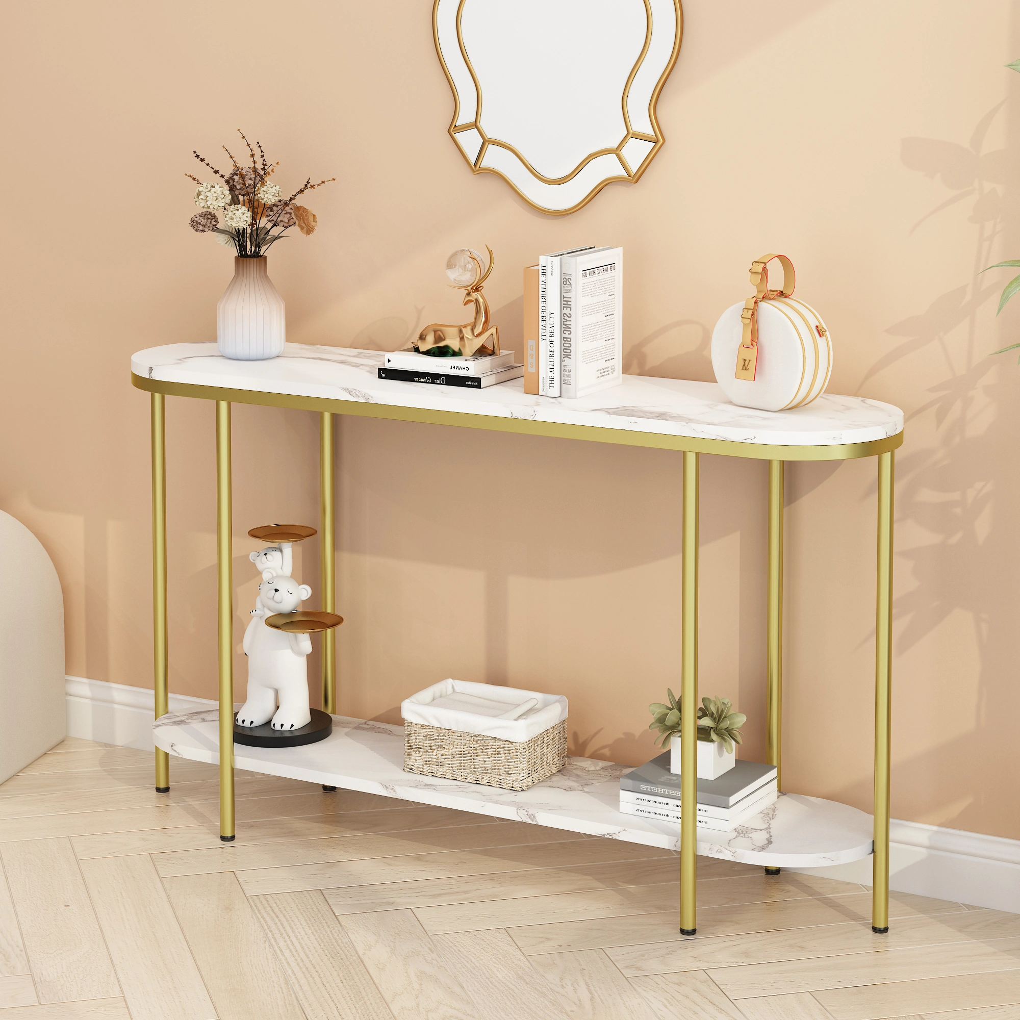 2-Tier Oval Console Table, White Faux Marble Top with Gold Metal Frame, Modern Entryway Table with Open Shelf, 42.1"×11.4"×30.5" Narrow Sofa Table for Hallway, Living Room & Foyer view 9