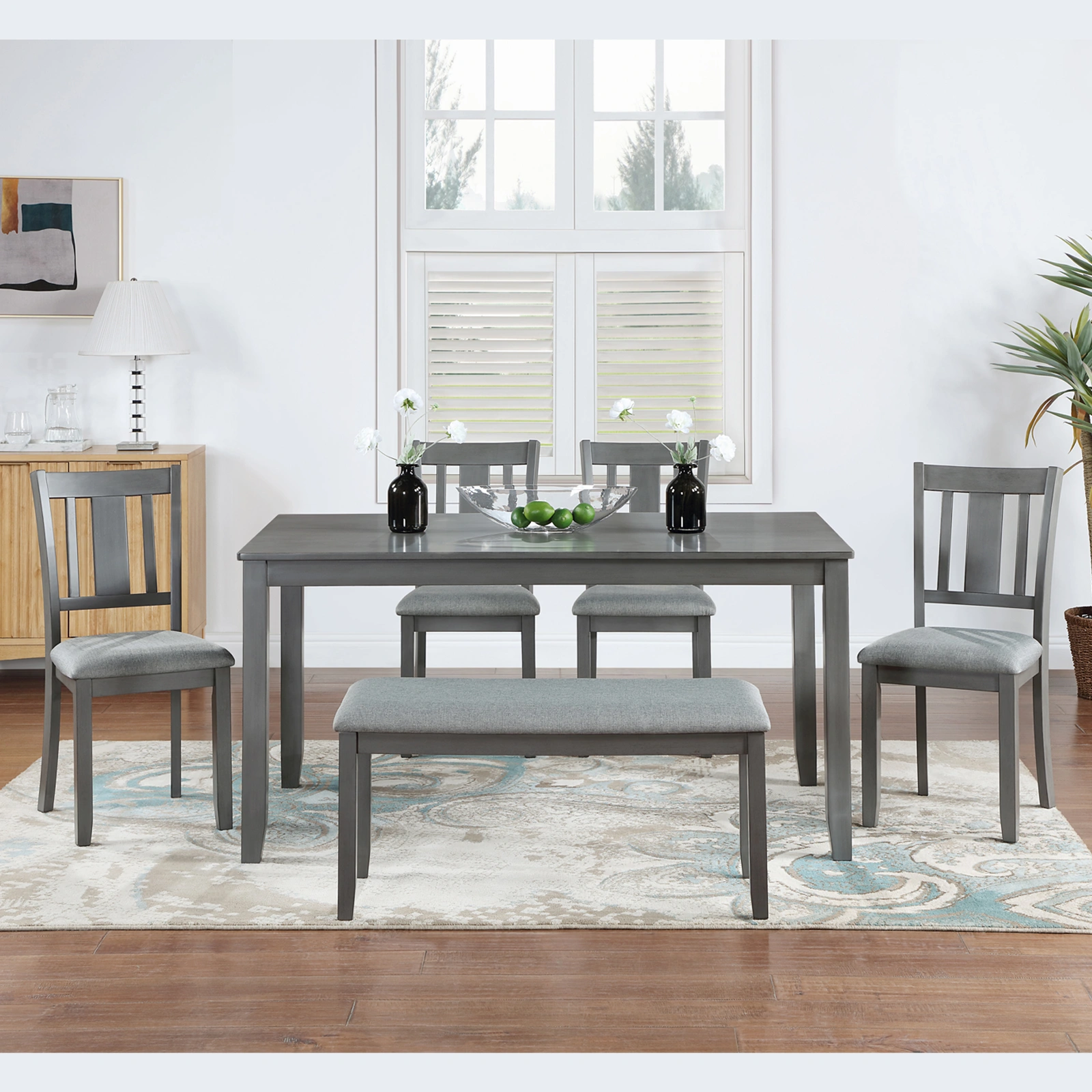 6 Piece Dining Table Set with 4 Upholstered Chairs & Bench, Rectangular Wood Kitchen Dining Set for 6 People, Gray - Living Room, Home Bar view 2