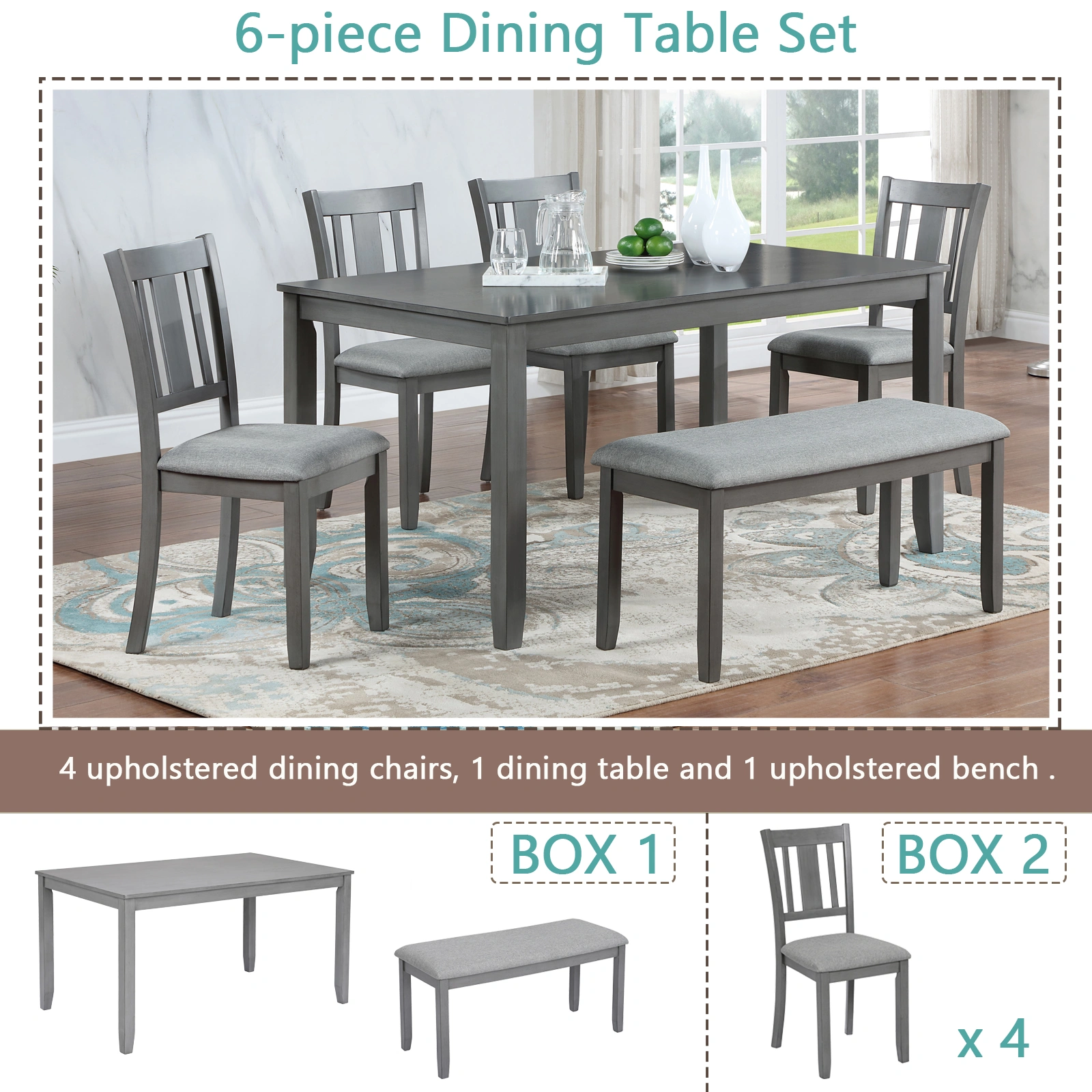 6 Piece Dining Table Set with 4 Upholstered Chairs & Bench, Rectangular Wood Kitchen Dining Set for 6 People, Gray - Living Room, Home Bar view 3
