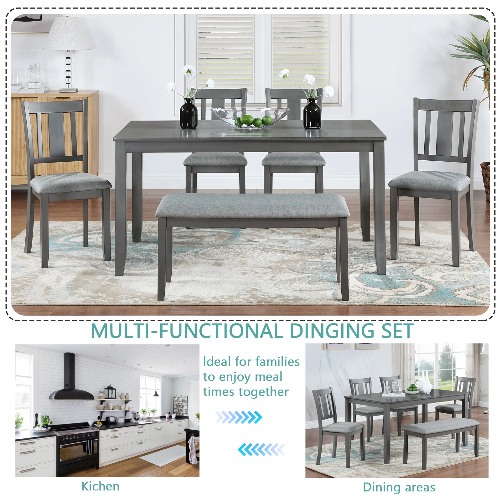 6 Piece Dining Table Set with 4 Upholstered Chairs & Bench, Rectangular Wood Kitchen Dining Set for 6 People, Gray - Living Room, Home Bar view 4