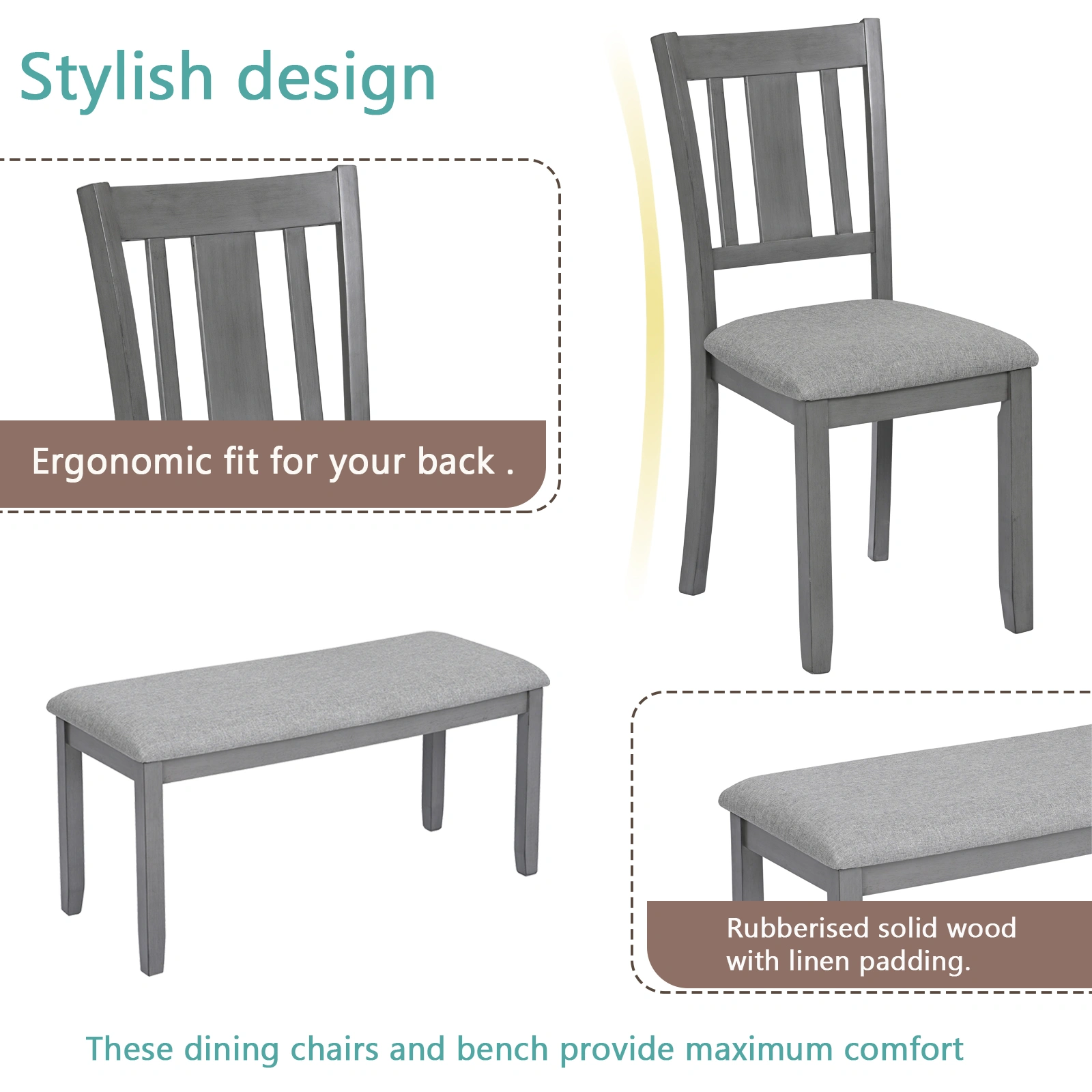 6 Piece Dining Table Set with 4 Upholstered Chairs & Bench, Rectangular Wood Kitchen Dining Set for 6 People, Gray - Living Room, Home Bar view 7