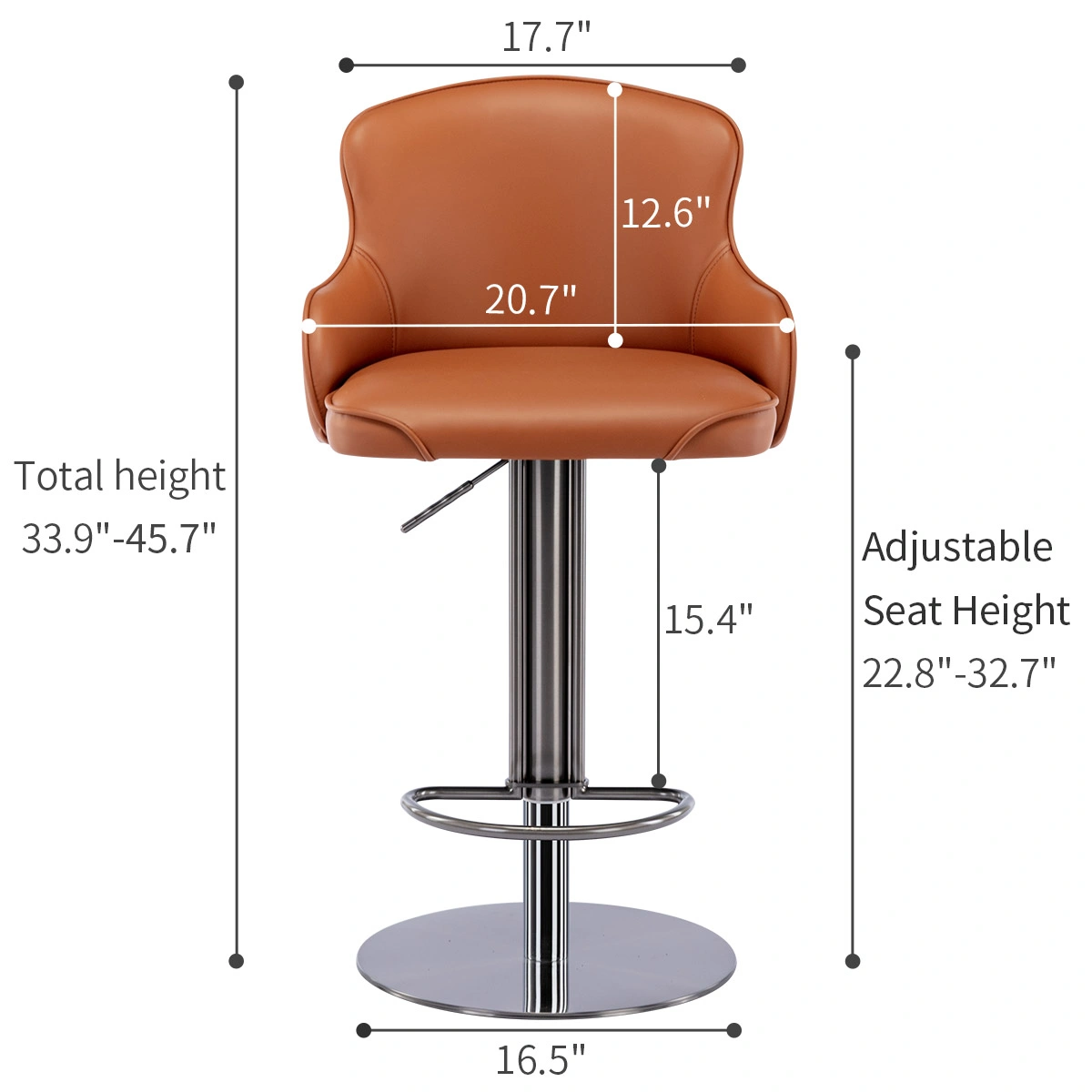 Black Titanium Stainless Steel Bar Stools,Grade Modern Leather Bar Chair with Backrest,Swivel Adjustable Height for Kitchen Counter and Dining Room (Brown 1pc)