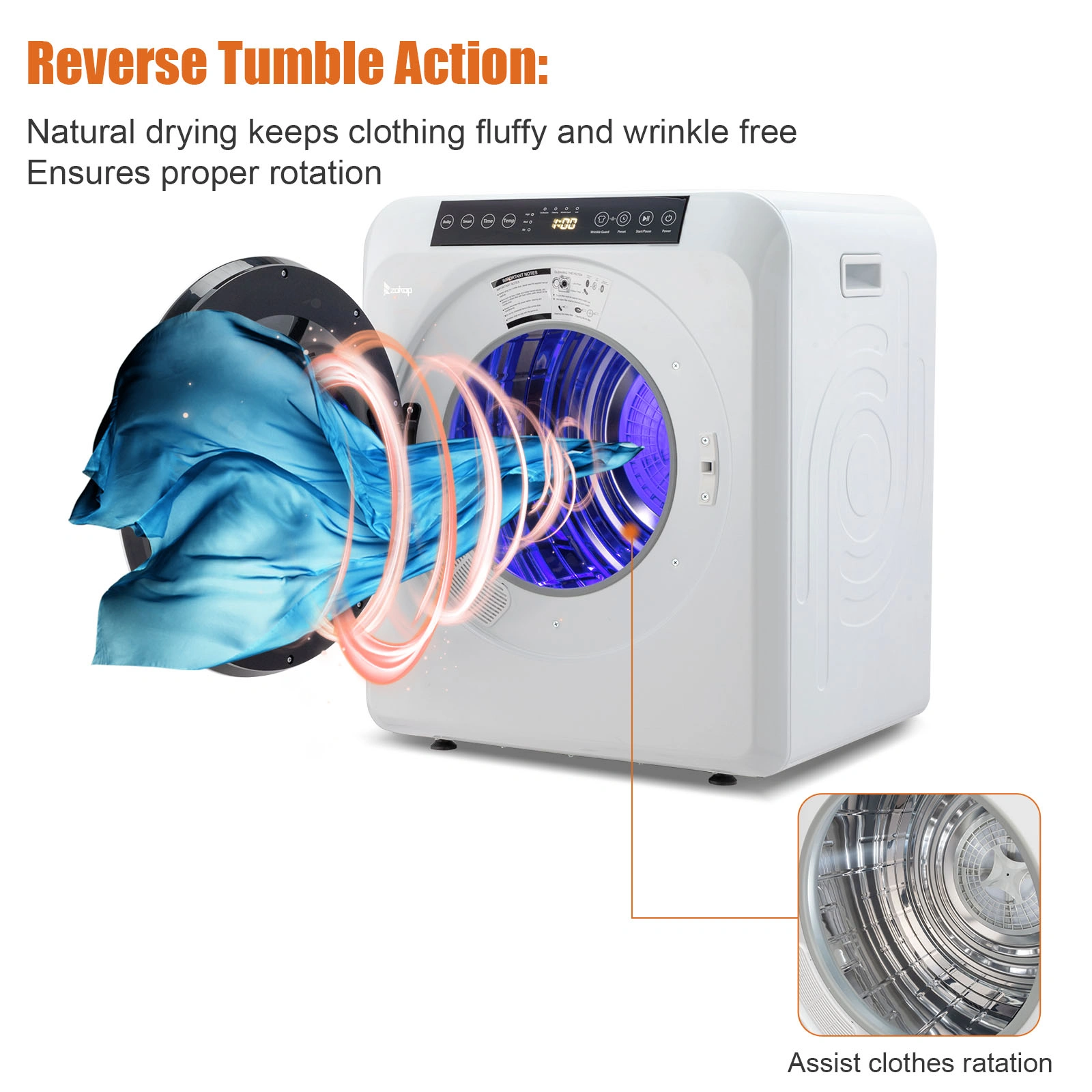 GDZ60-618E Upgraded 6kg Drum Dryer with LCD Screen UV Sterilization, White - 2 Cotton Filters Included view 6