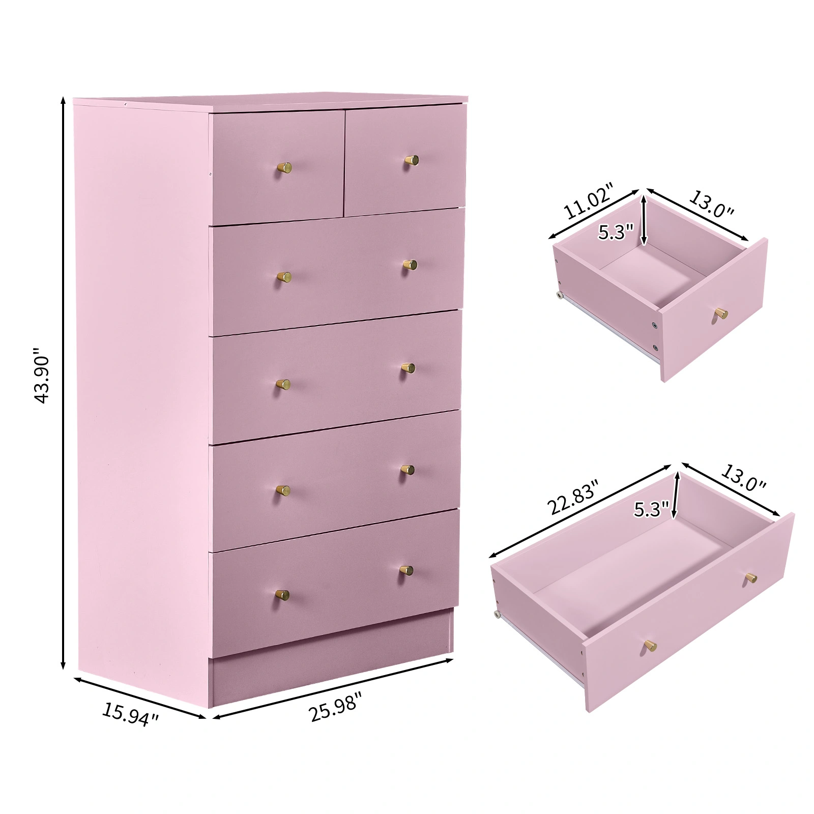 25.98"*15.75"*43.7"(L*W*D) 5-Tier 6-Drawer Cabinet Drawer Dresser with Gold Handles Macaron Pink