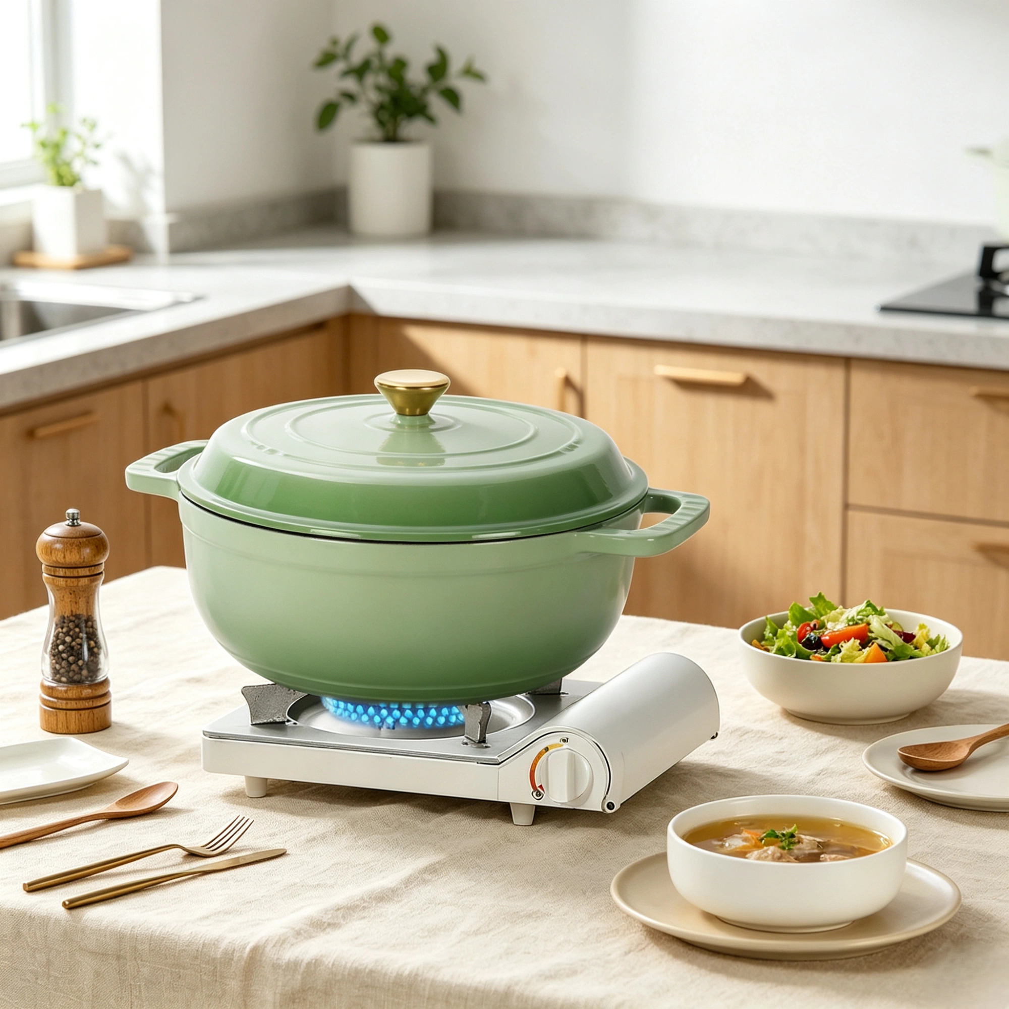 Cast iron 6QT cooking pot - Gradient red - Includes two silicone gloves - Enamel pot view 9