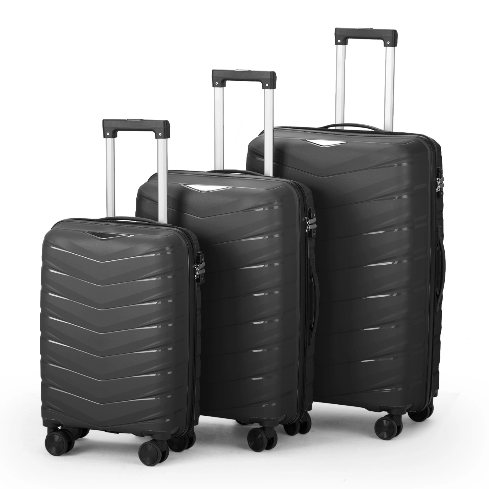 V-Striped 3-in-1 PP Trolley Suitcase Set 20in 24in 28in PP + Iron Frame Classic Black Grained Pattern view 2