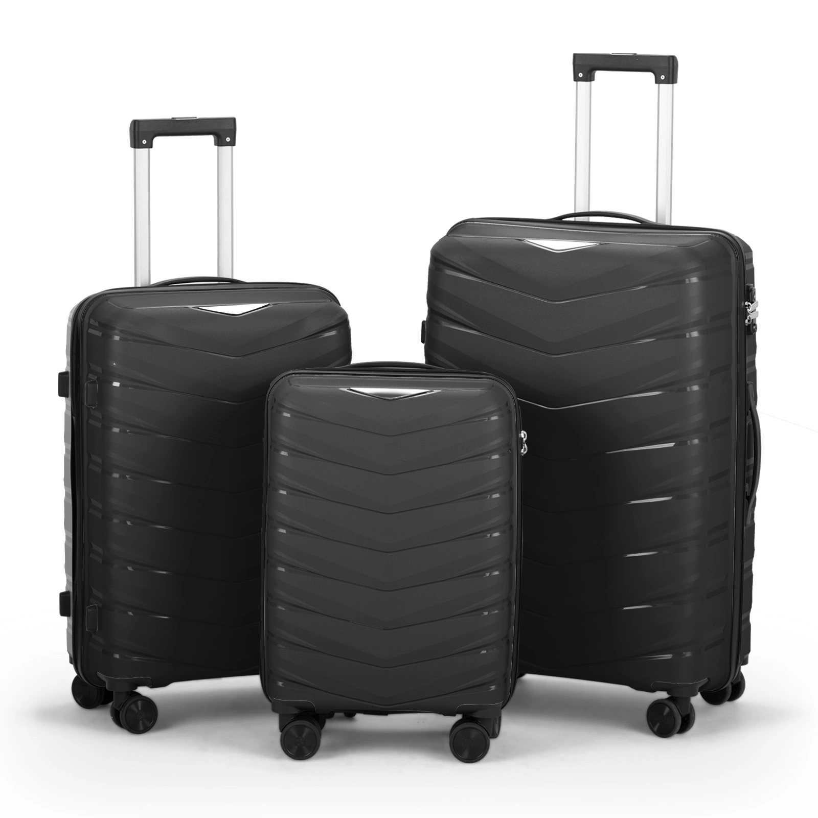V-Striped 3-in-1 PP Trolley Suitcase Set 20in 24in 28in PP + Iron Frame Classic Black Grained Pattern view 3