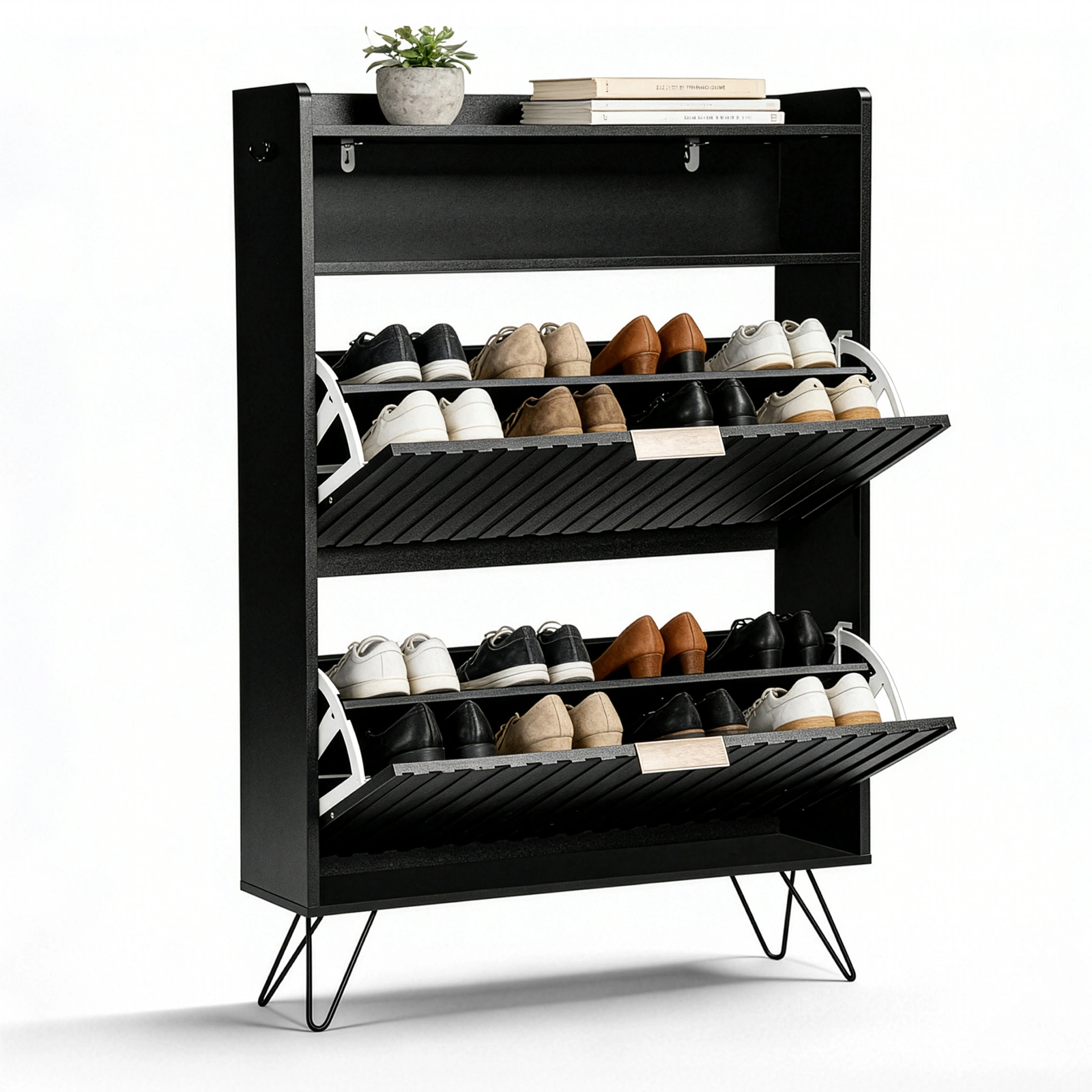 Shoe cabinet with slatted front panel and side panels, two compartments with top flip-up lids, two hooks, and high legs. Particleboard cabinet body, MDF vacuum-formed doors. 80*24*120cm, Black