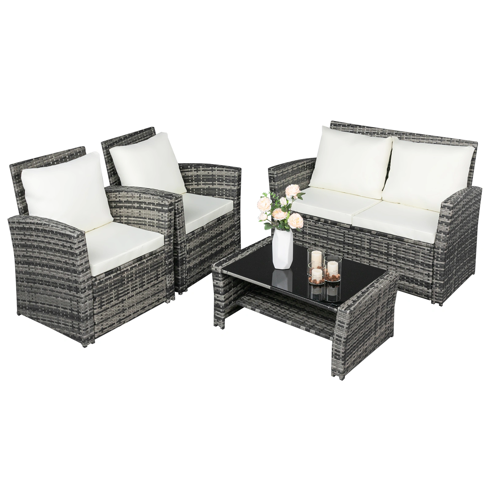 Outdoor Rattan Sofa Set 4-Piece Sectional, Grey Wicker Patio Furniture, 2-Box Delivery view 2