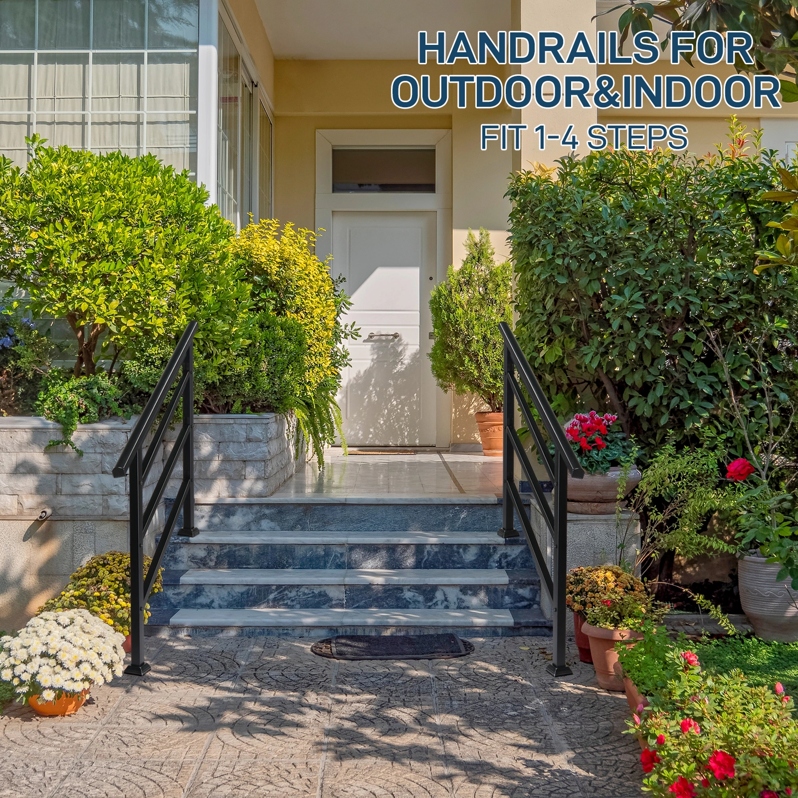 Handrails for Outdoor Steps, Wrought Iron Transitional Handrail Fits 1 to 4 Steps, Solid Wood With Installation Kit, Black view 2