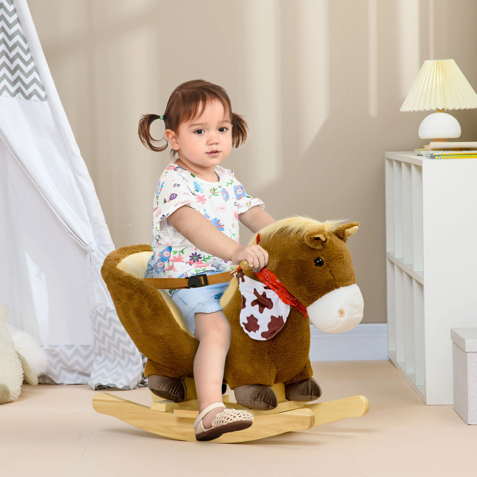 Kids Rocking Horse Wooden Ride-On Toy for Toddlers Babies with Music & Lights