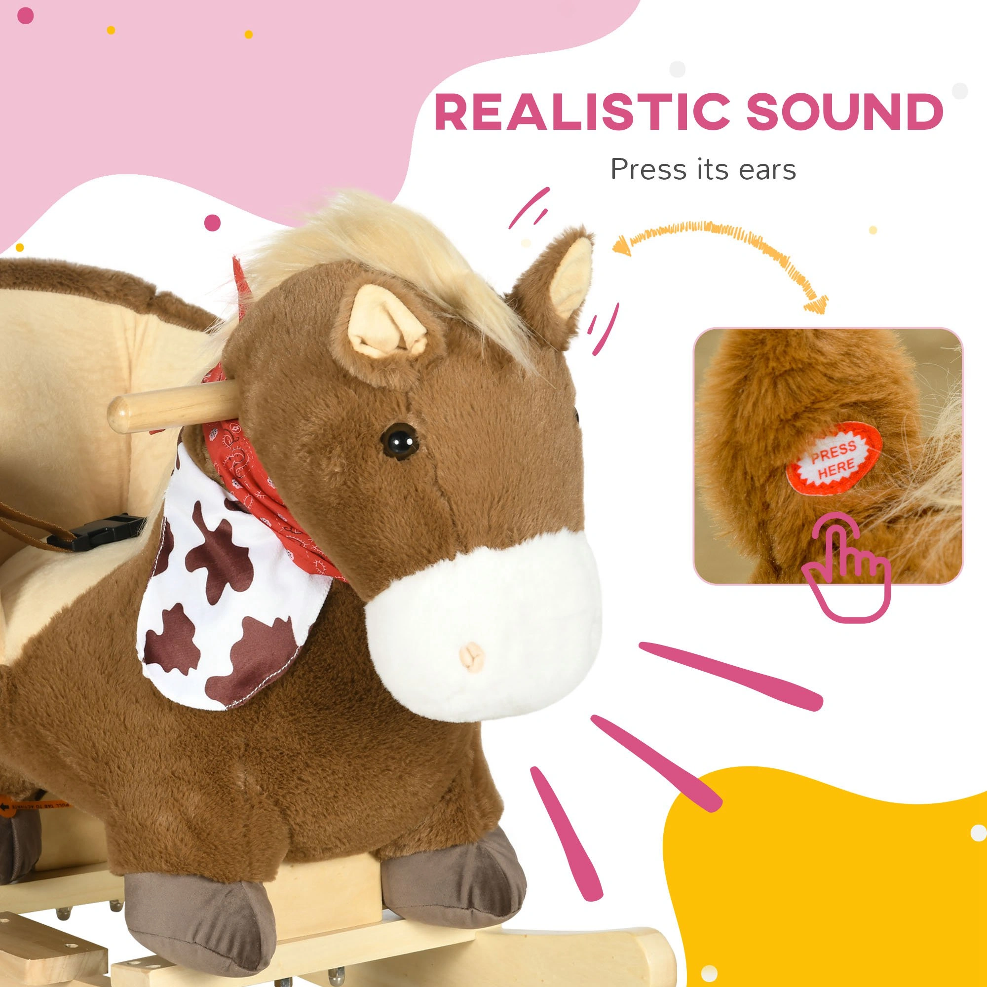 Kids Rocking Horse Wooden Ride-On Toy for Toddlers Babies with Music & Lights view 3