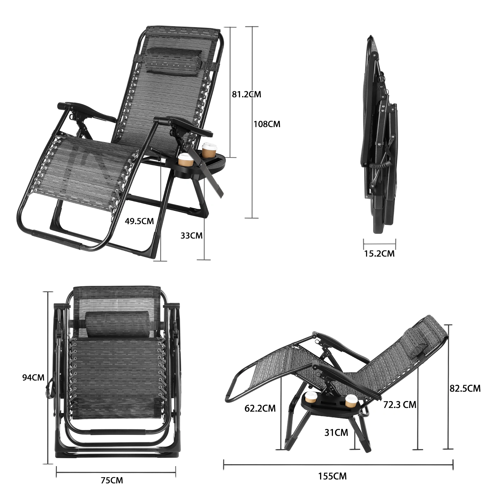 57 Inch Extra Wide Folding Sun Lounger Deck Chair, Portable Garden Beach Pool Chaise Lounge, Outdoor Relaxation view 2
