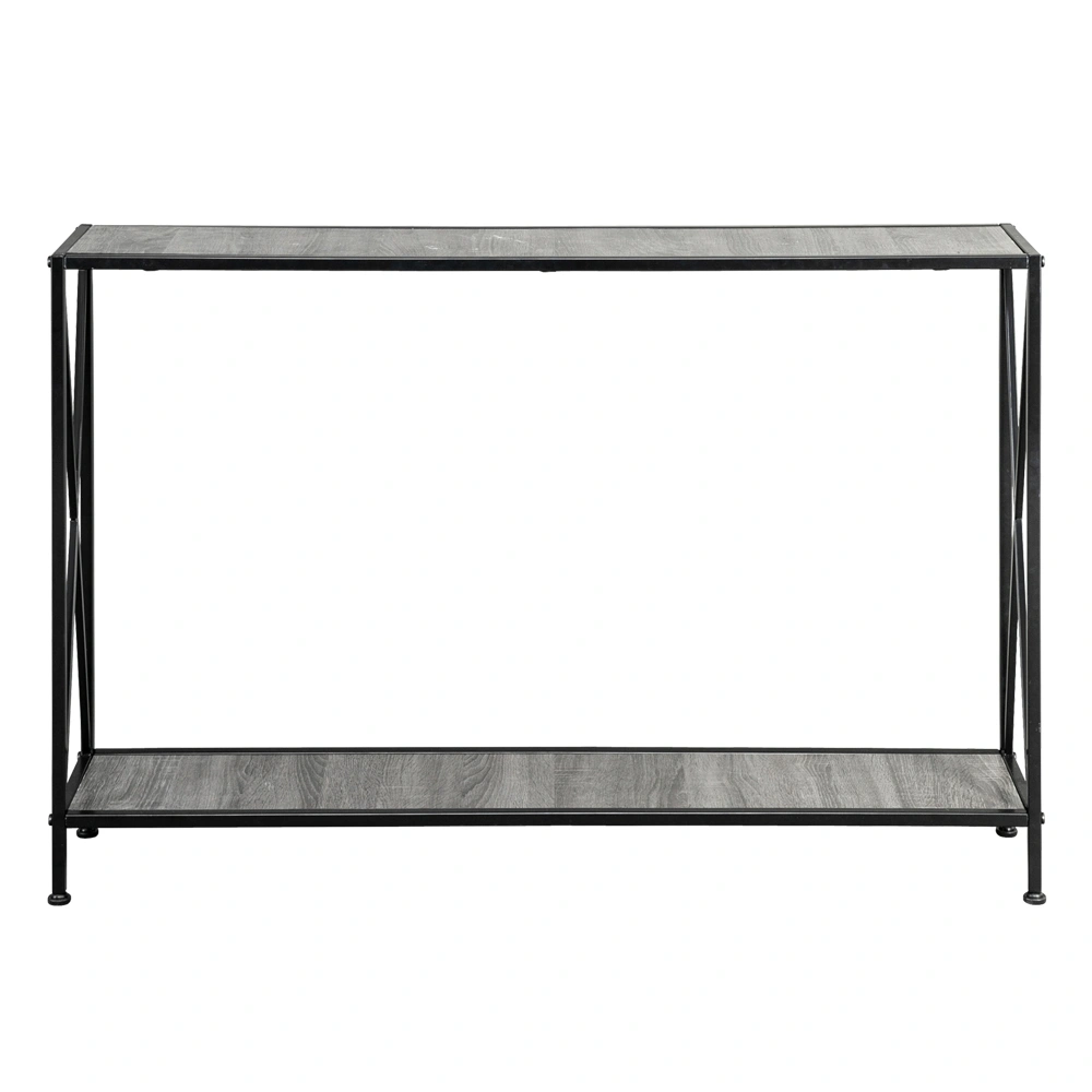 Artisasset Grey MDF Console Table, Black Wrought Iron Base 2-Layer Entryway Table, Forked Frame Sofa Table for Hallway