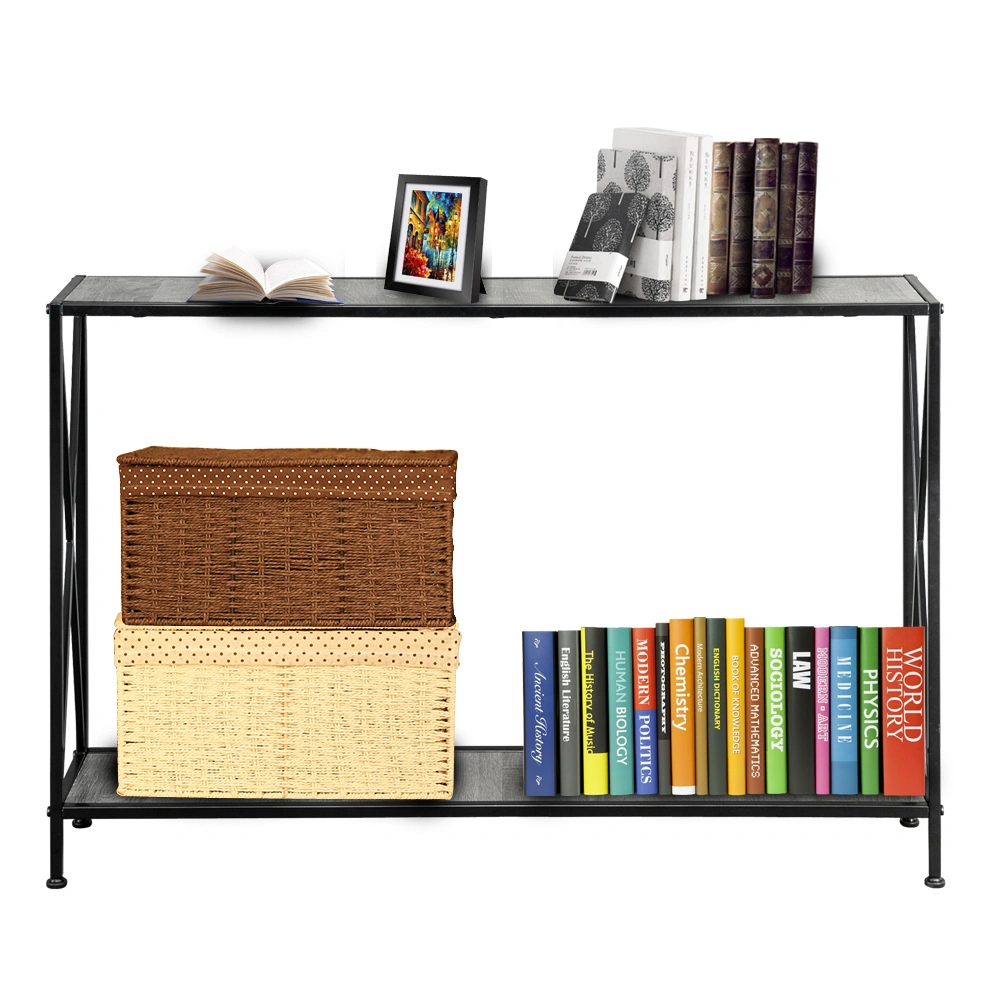Artisasset Grey MDF Console Table, Black Wrought Iron Base 2-Layer Entryway Table, Forked Frame Sofa Table for Hallway view 11