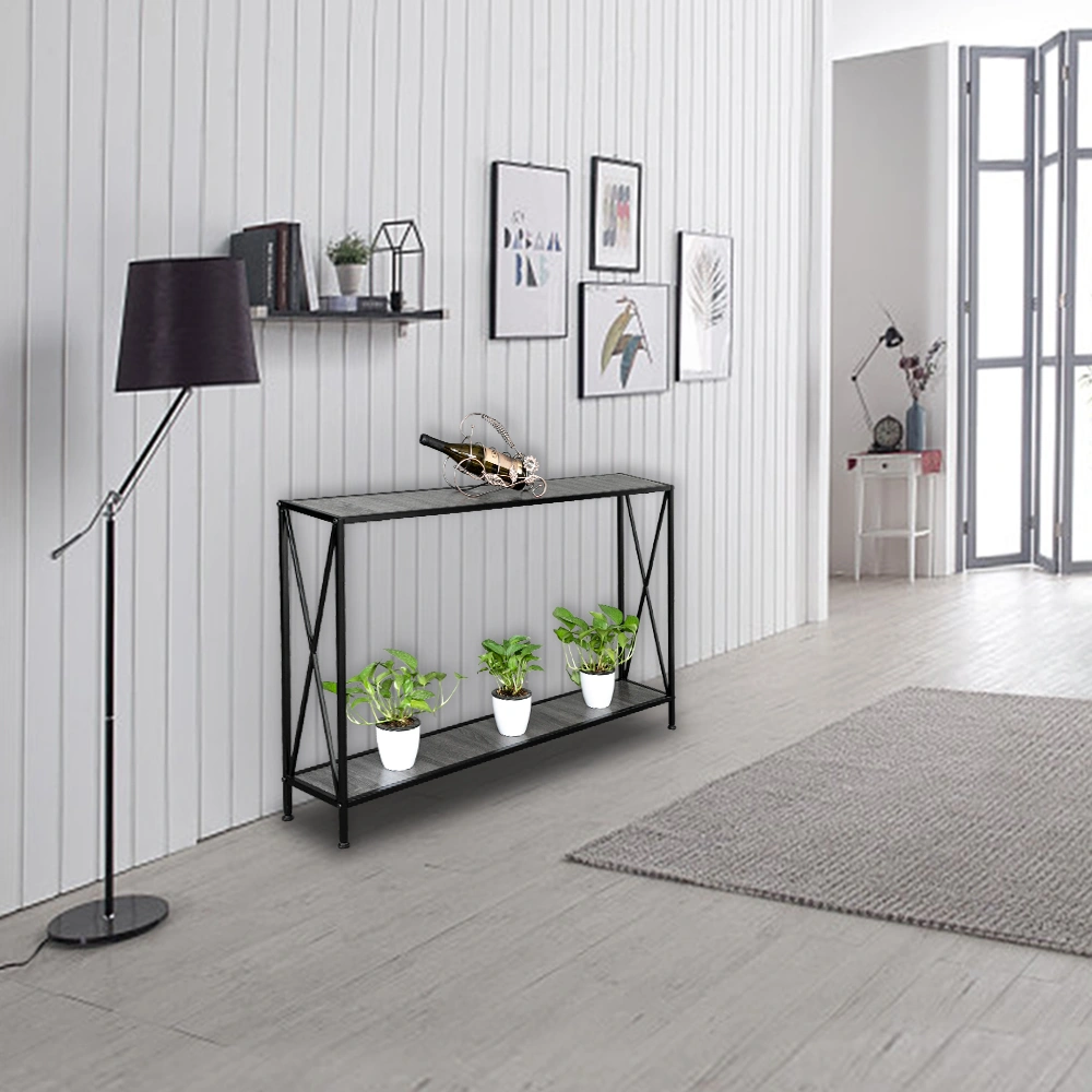 Artisasset Grey MDF Console Table, Black Wrought Iron Base 2-Layer Entryway Table, Forked Frame Sofa Table for Hallway view 12