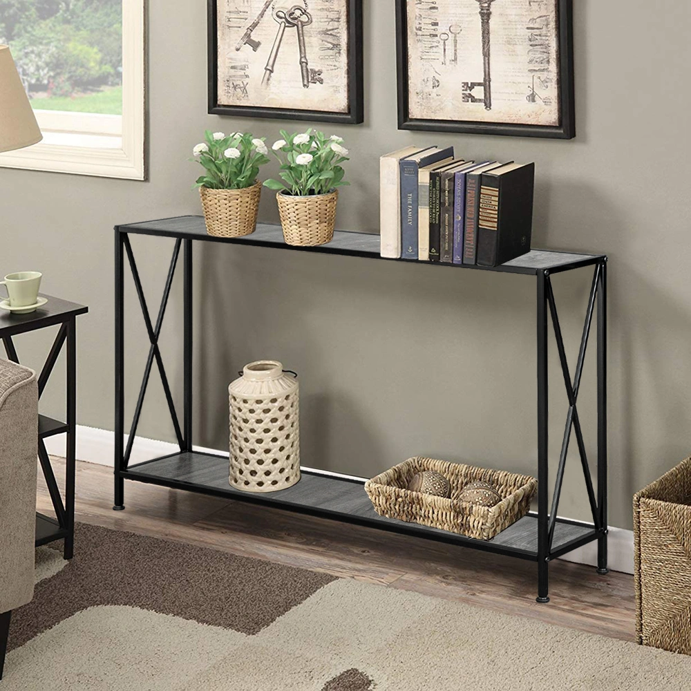 Artisasset Grey MDF Console Table, Black Wrought Iron Base 2-Layer Entryway Table, Forked Frame Sofa Table for Hallway view 15