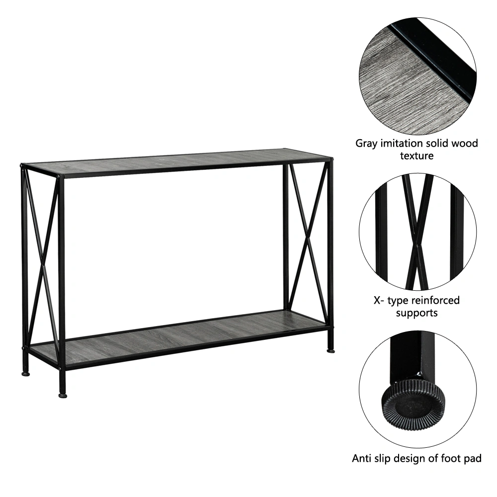 Artisasset Grey MDF Console Table, Black Wrought Iron Base 2-Layer Entryway Table, Forked Frame Sofa Table for Hallway view 18