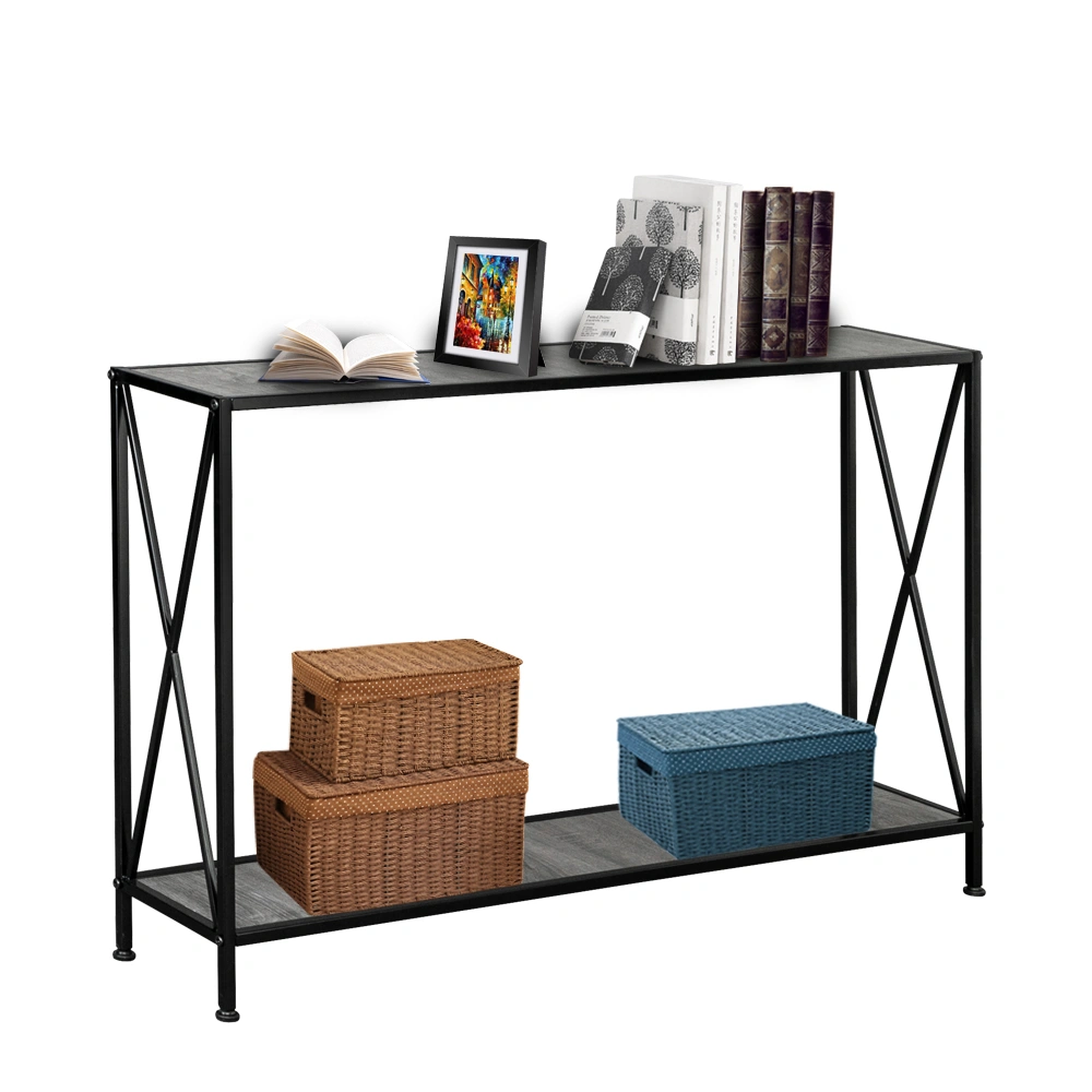 Artisasset Grey MDF Console Table, Black Wrought Iron Base 2-Layer Entryway Table, Forked Frame Sofa Table for Hallway view 3