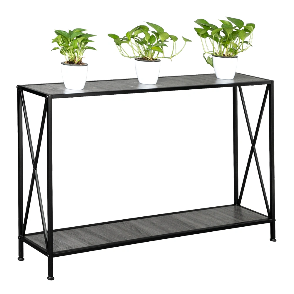 Artisasset Grey MDF Console Table, Black Wrought Iron Base 2-Layer Entryway Table, Forked Frame Sofa Table for Hallway view 4
