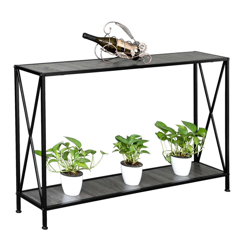 Artisasset Grey MDF Console Table, Black Wrought Iron Base 2-Layer Entryway Table, Forked Frame Sofa Table for Hallway view 5