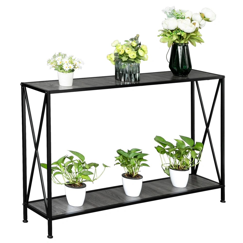 Artisasset Grey MDF Console Table, Black Wrought Iron Base 2-Layer Entryway Table, Forked Frame Sofa Table for Hallway view 6