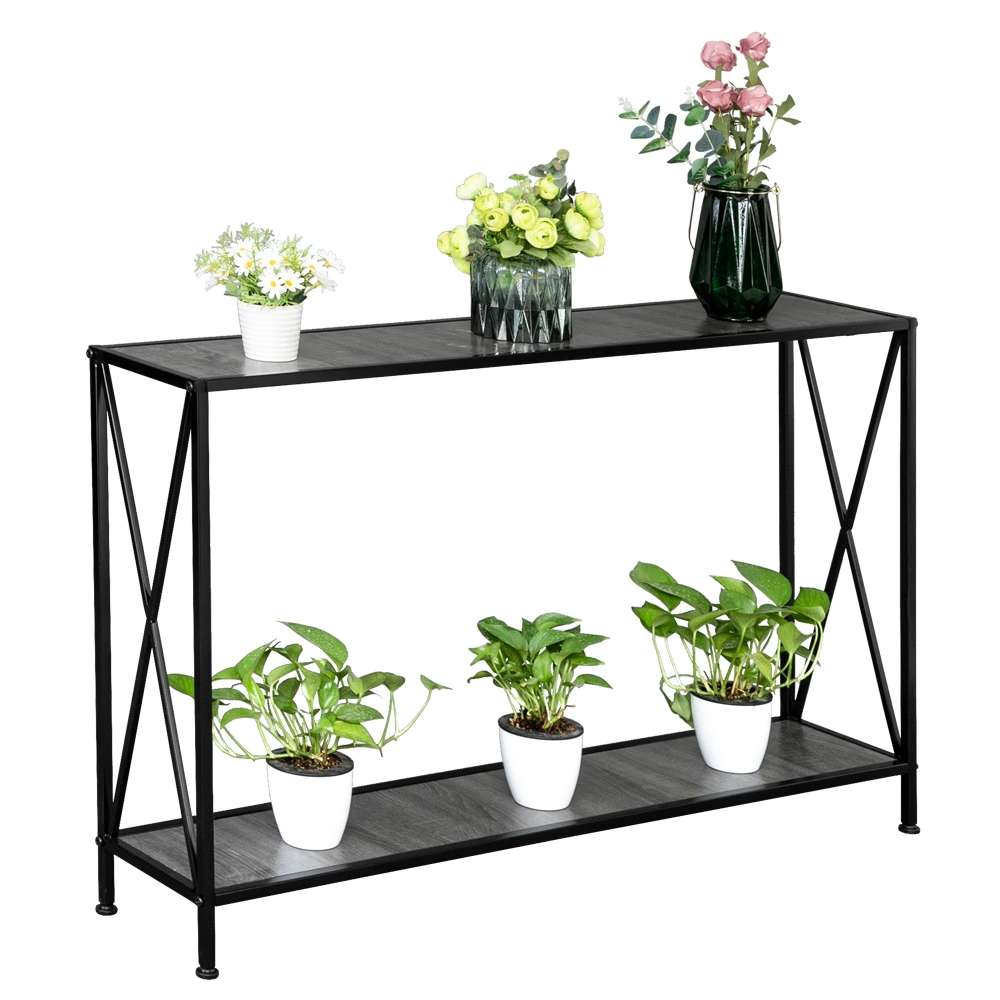 Artisasset Grey MDF Console Table, Black Wrought Iron Base 2-Layer Entryway Table, Forked Frame Sofa Table for Hallway view 8