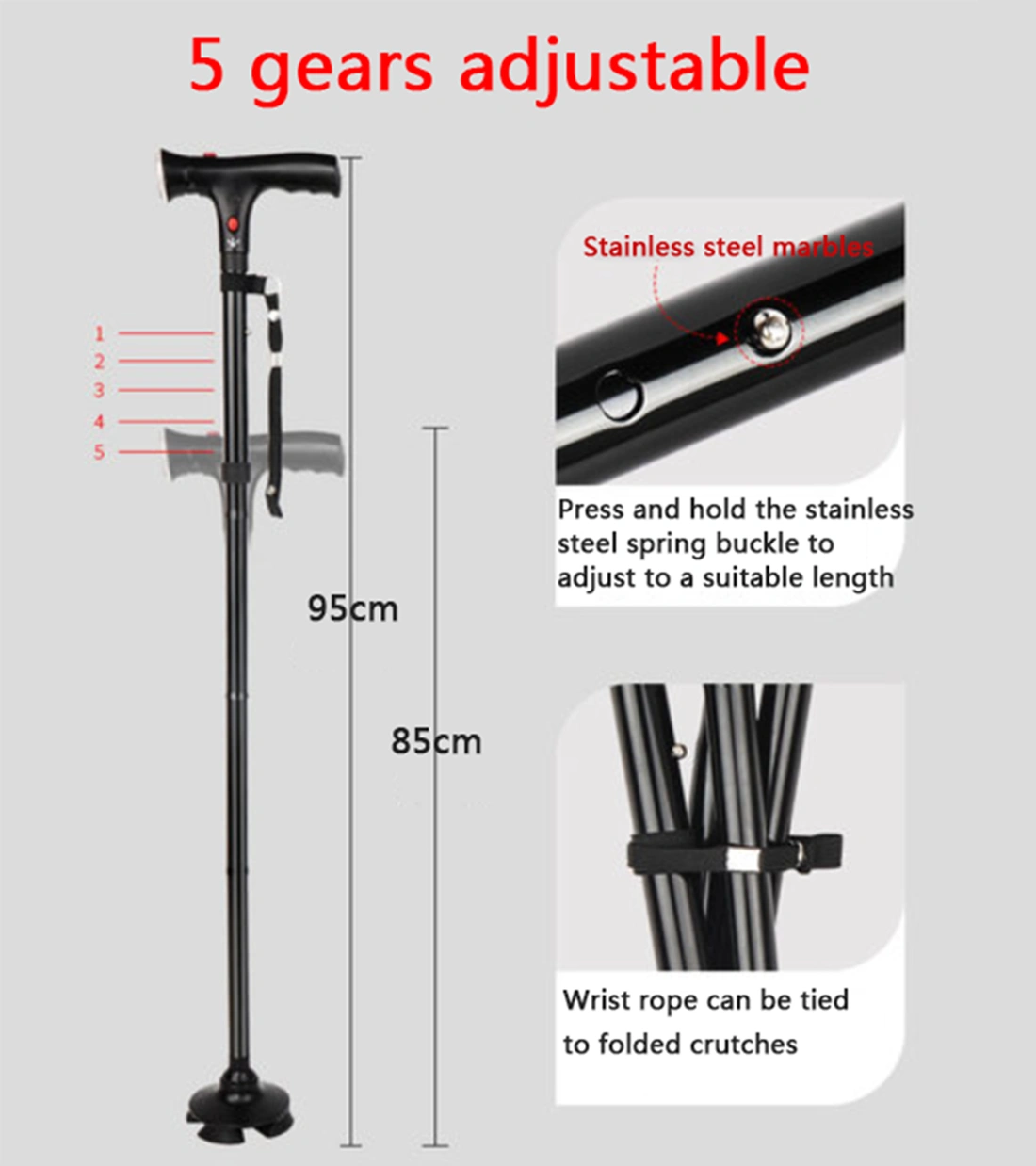 Camping Hiking Walking Stick, 5-Level Adjustable Folding Trekking Cane with LED Light and Alarm view 2