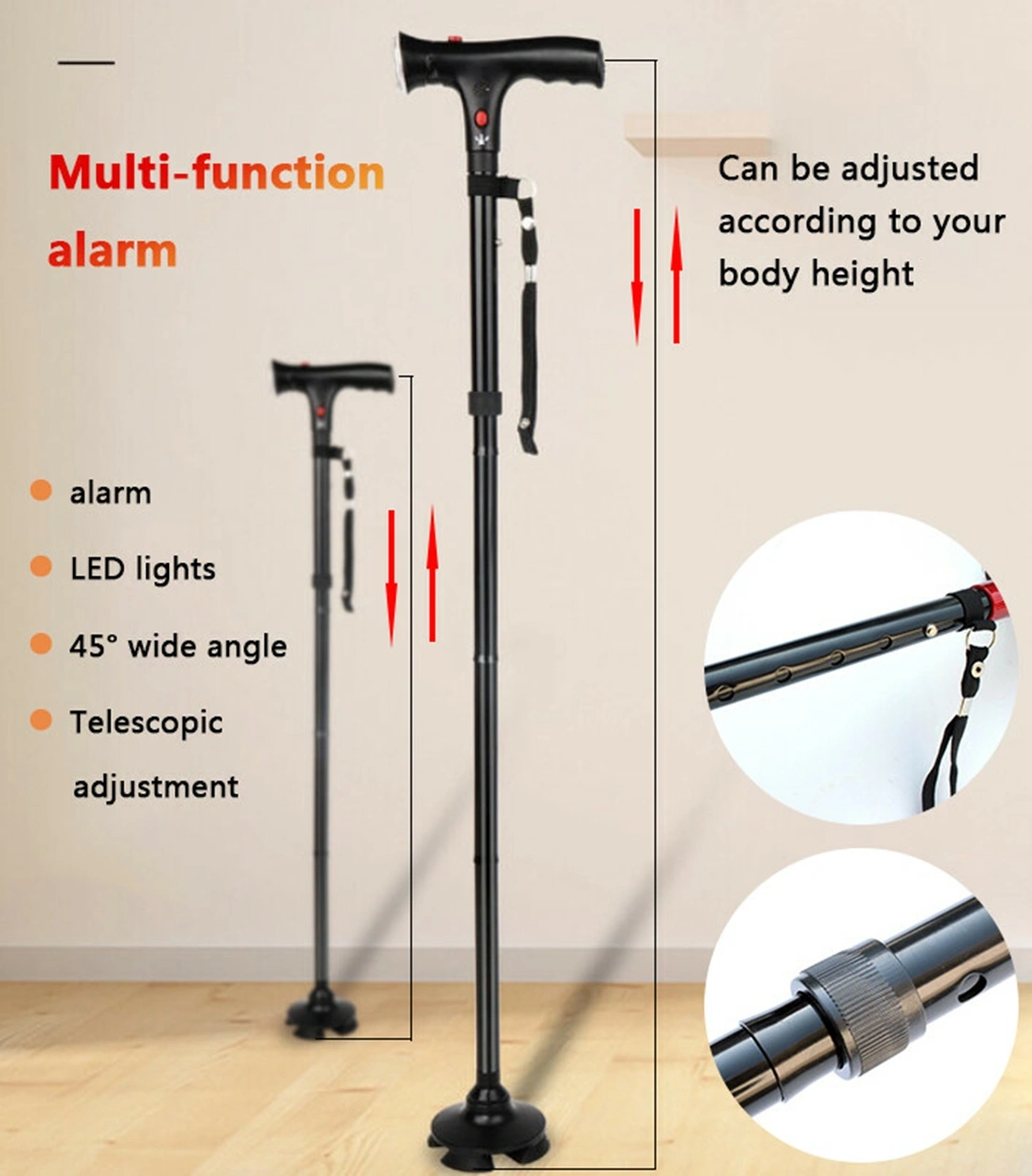 Camping Hiking Walking Stick, 5-Level Adjustable Folding Trekking Cane with LED Light and Alarm view 5