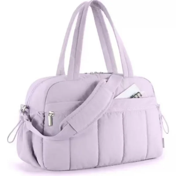 Purple large capacity slit fluffy shoulder bag, waterproof portable luggage tote bag, multi zipper pocket design, sports and fitness travel handbag