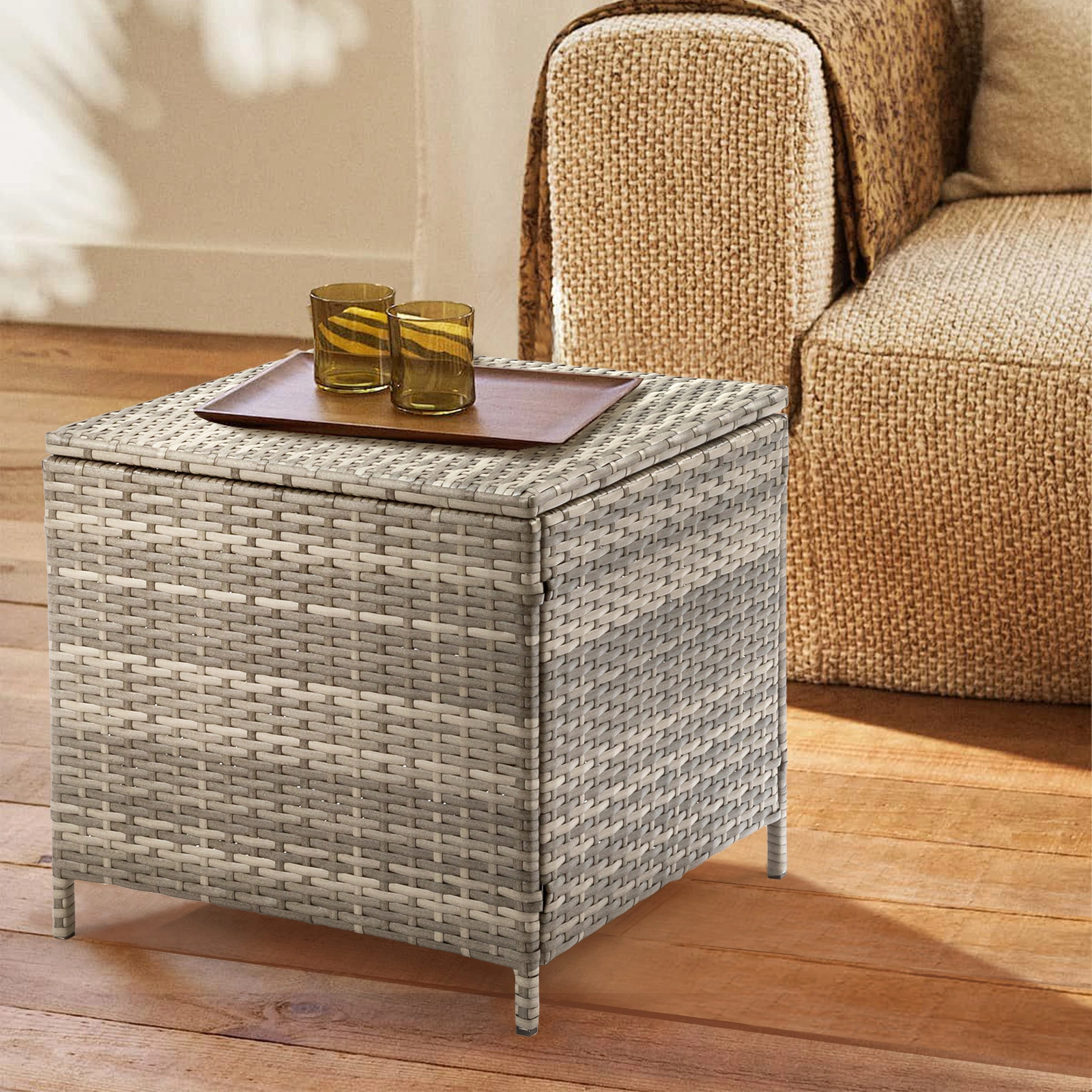 Outdoor PE Wicker Side Table with Storage, Patio Rattan End Table Square Container for Furniture Covers, Toys and Gardening Tools, Grey view 10