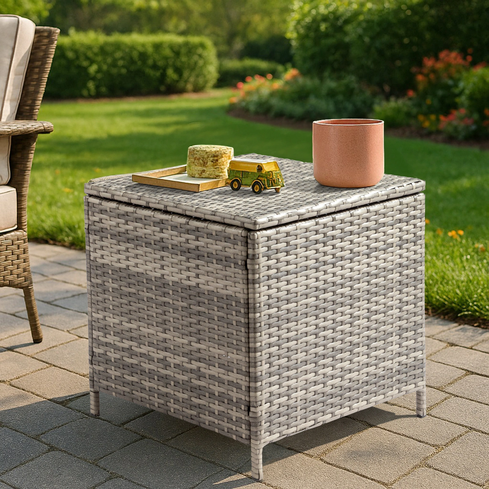 Outdoor PE Wicker Side Table with Storage, Patio Rattan End Table Square Container for Furniture Covers, Toys and Gardening Tools, Grey view 11