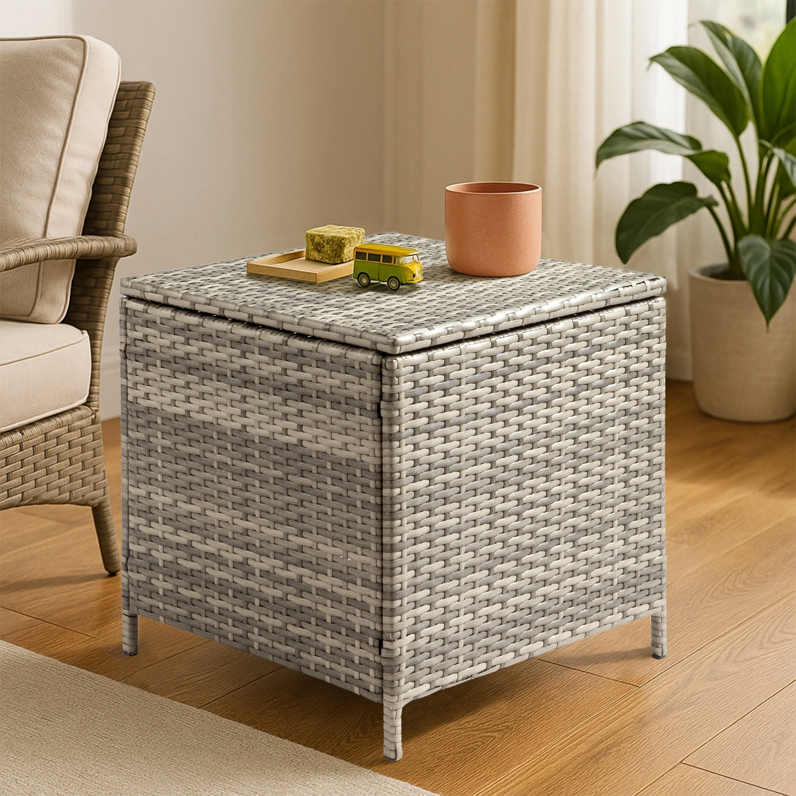 Outdoor PE Wicker Side Table with Storage, Patio Rattan End Table Square Container for Furniture Covers, Toys and Gardening Tools, Grey view 13