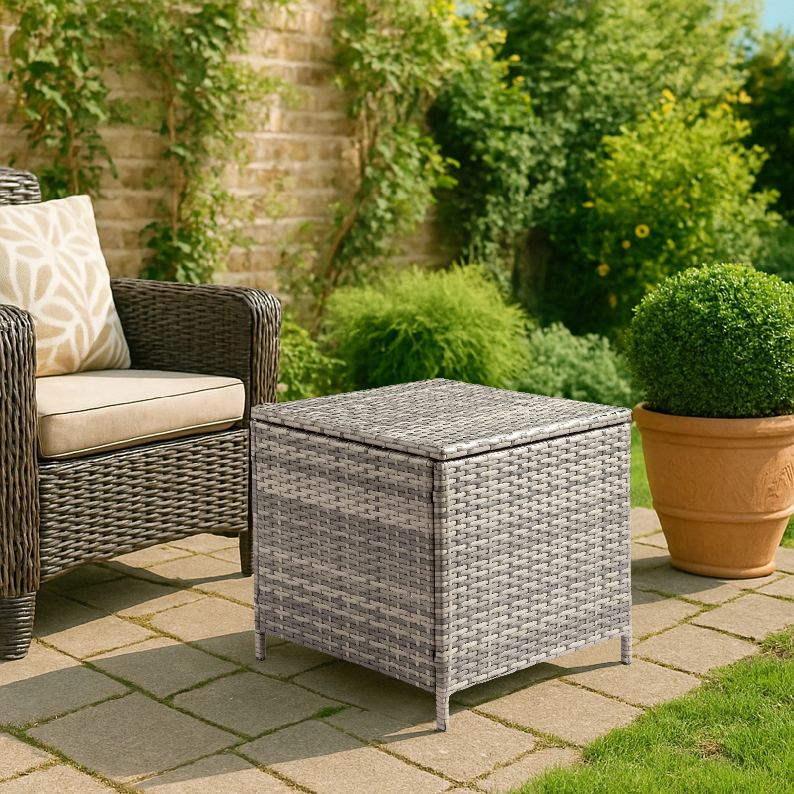 Outdoor PE Wicker Side Table with Storage, Patio Rattan End Table Square Container for Furniture Covers, Toys and Gardening Tools, Grey view 14
