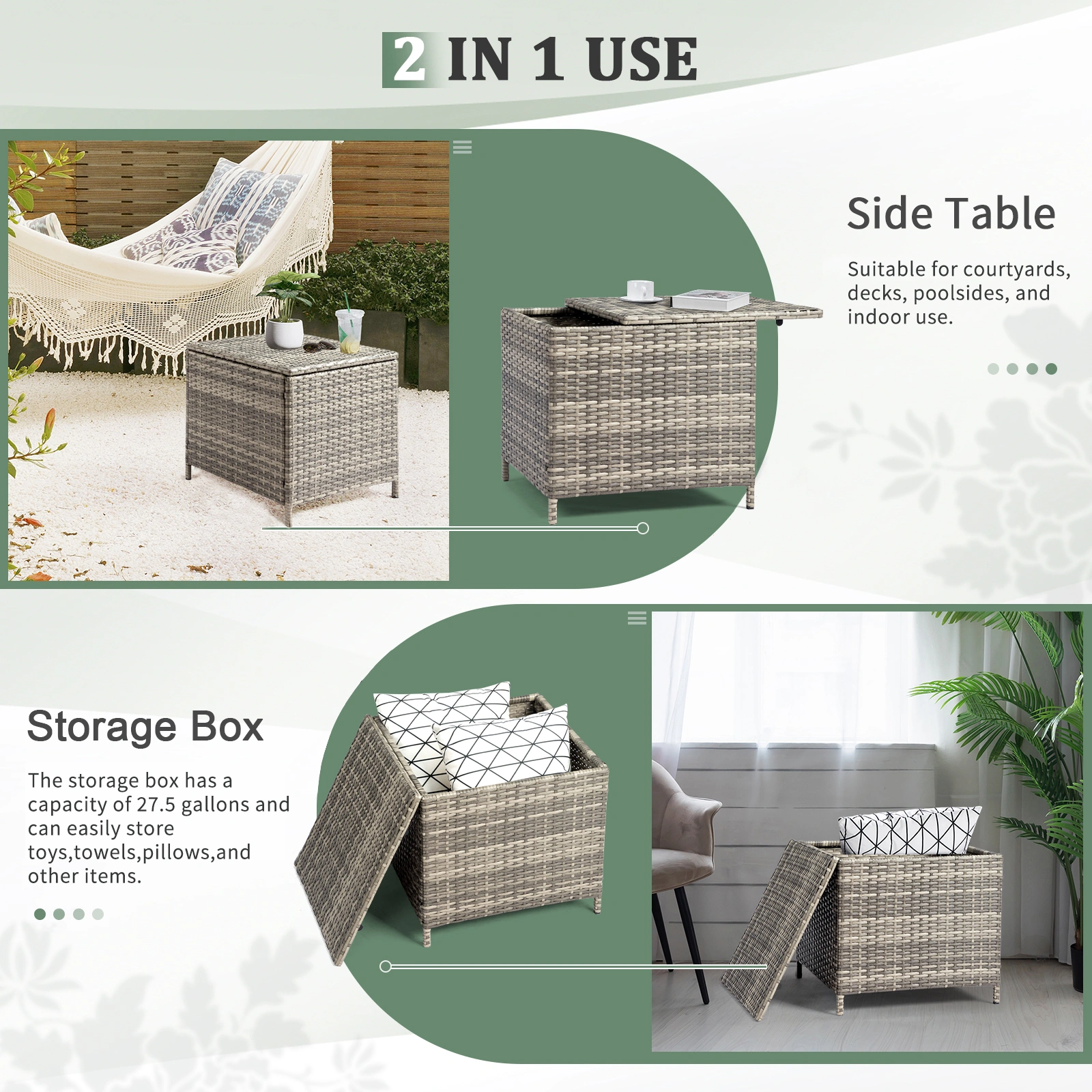 Outdoor PE Wicker Side Table with Storage, Patio Rattan End Table Square Container for Furniture Covers, Toys and Gardening Tools, Grey view 8