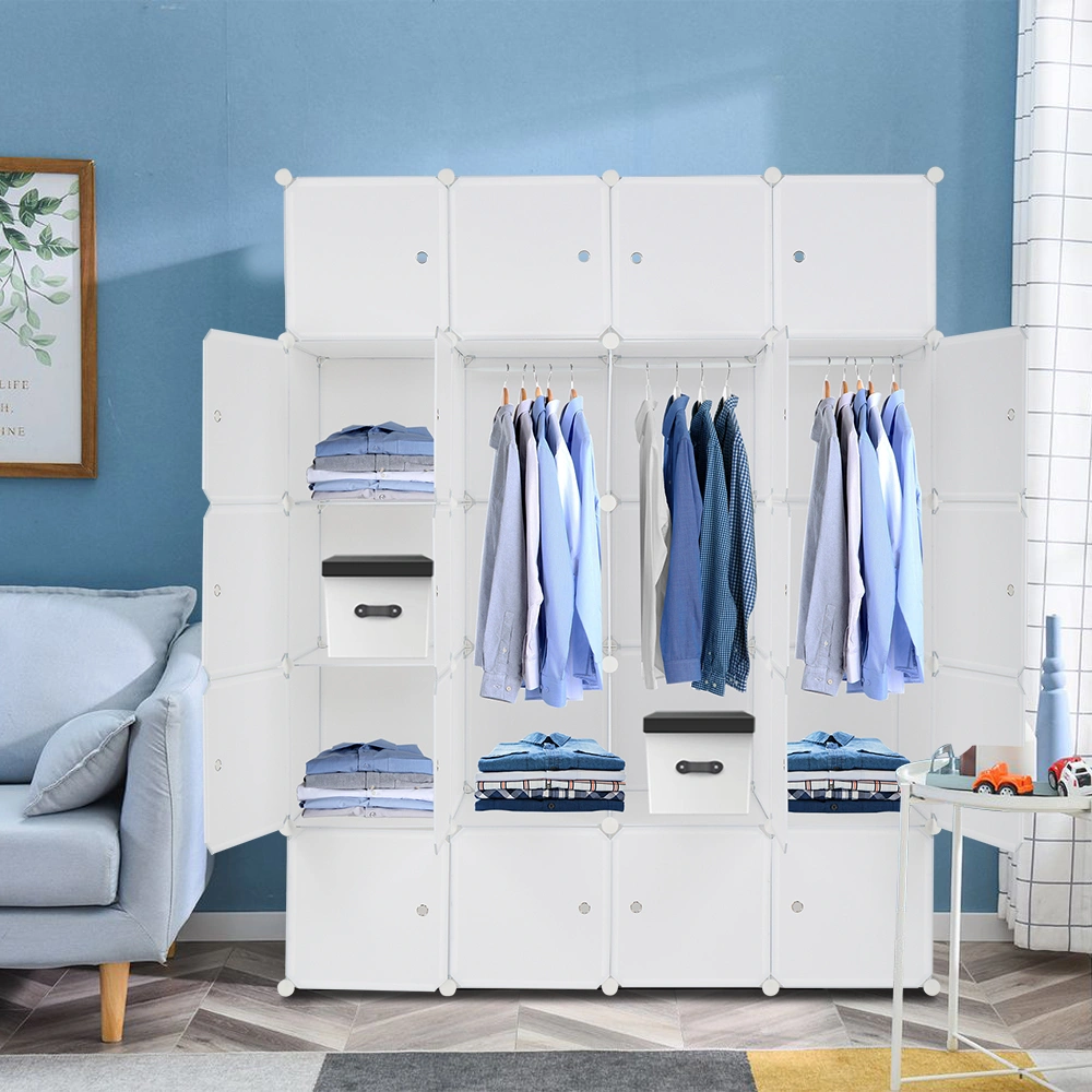 20-Cube Organizer Stackable Plastic Storage Shelves, Modular Closet Cabinet with Hanging Rod, White