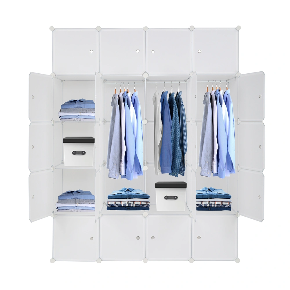 20-Cube Organizer Stackable Plastic Storage Shelves, Modular Closet Cabinet with Hanging Rod, White view 3