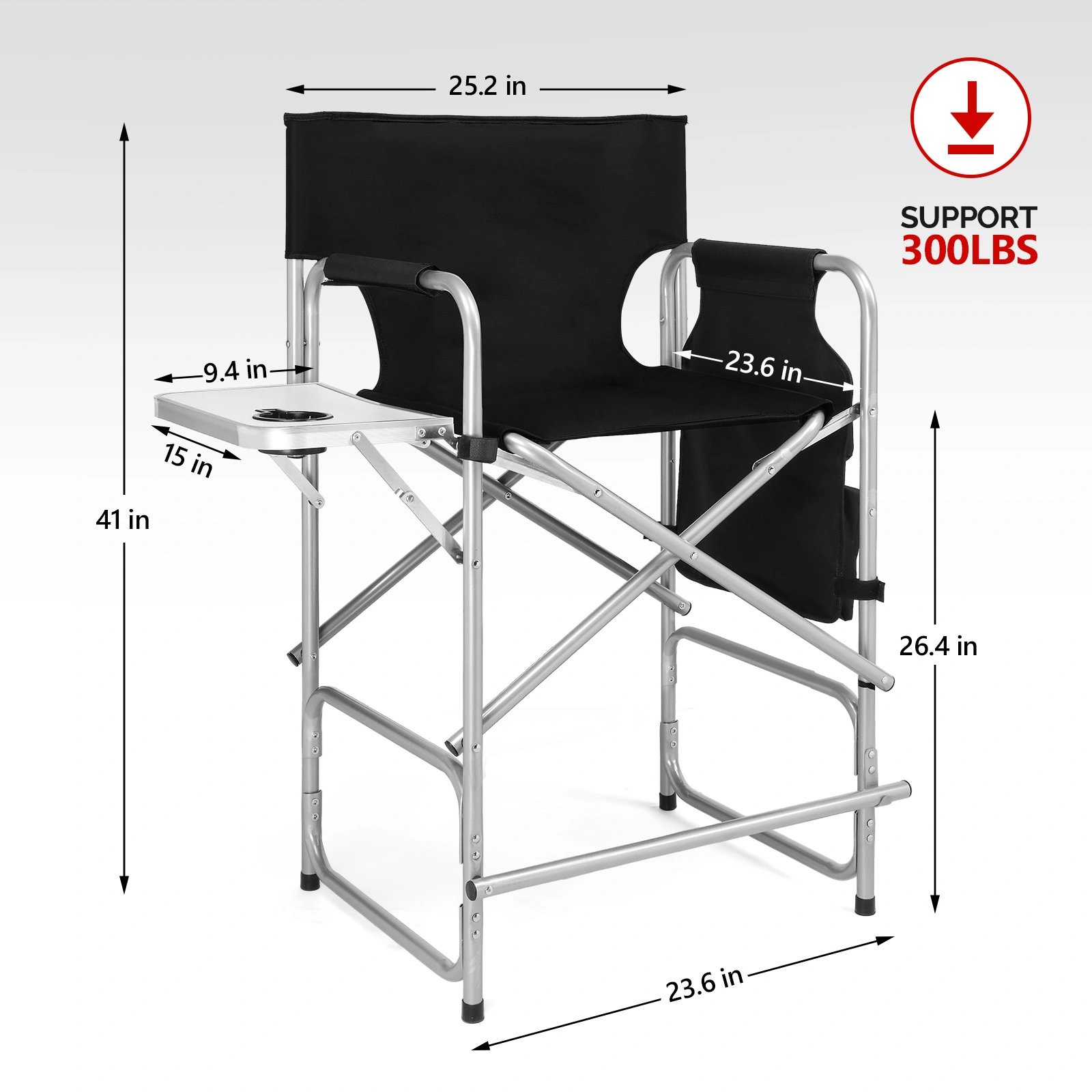 Folding Director Chair with Side Table & Storage Pockets, 41"×23.6"×26.4" Heavy Duty Spray-Coated Metal Frame Makeup Artist Chair, Portable Tall Folding Camping Chair, Supports 300 LBS, Black Oxford Fabric, No Carry Bag > view 5