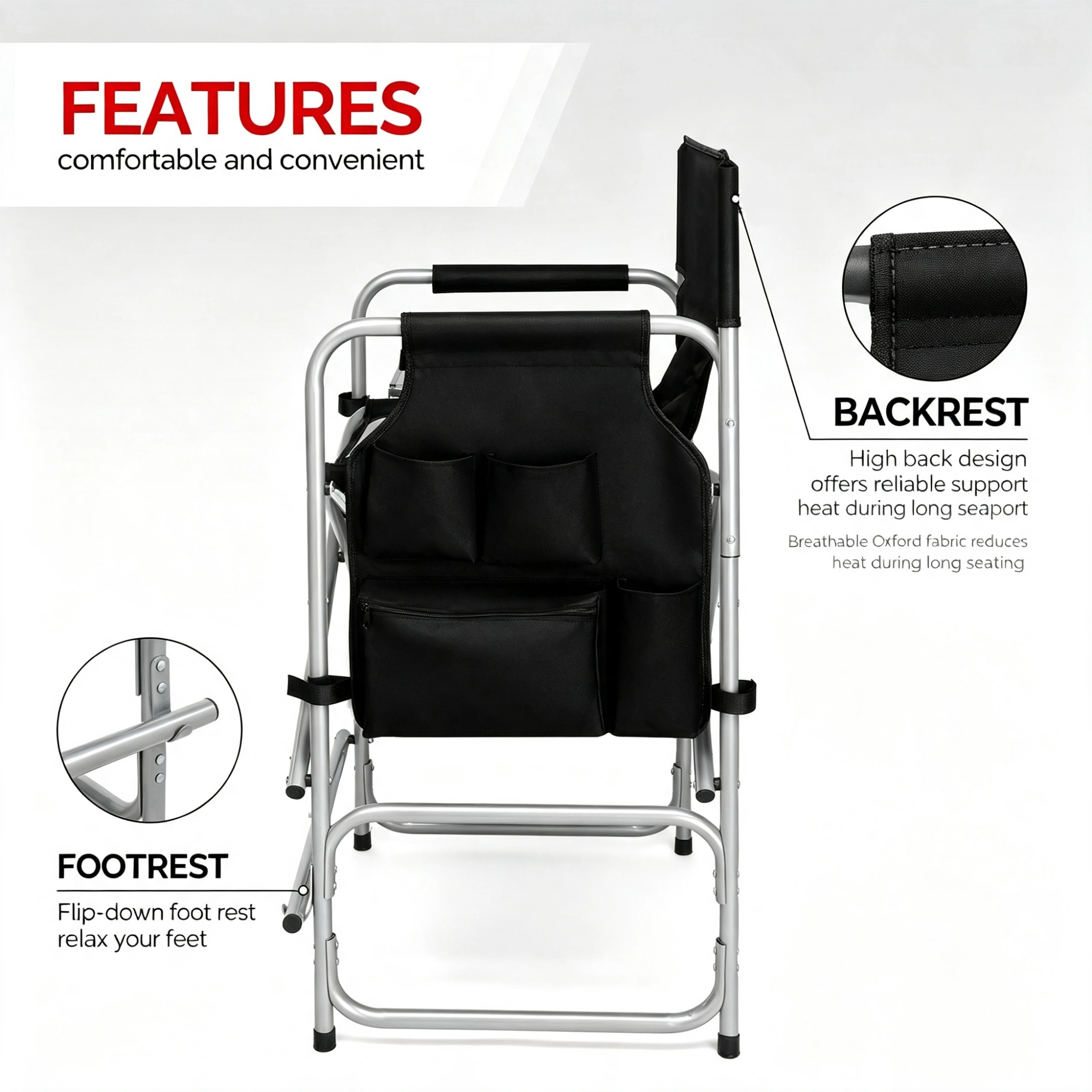 Folding Director Chair with Side Table & Storage Pockets, 41"×23.6"×26.4" Heavy Duty Spray-Coated Metal Frame Makeup Artist Chair, Portable Tall Folding Camping Chair, Supports 300 LBS, Black Oxford Fabric, No Carry Bag > view 8