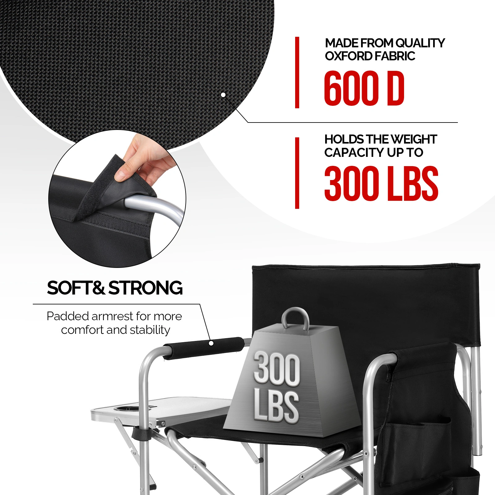Folding Director Chair with Side Table & Storage Pockets, 41"×23.6"×26.4" Heavy Duty Spray-Coated Metal Frame Makeup Artist Chair, Portable Tall Folding Camping Chair, Supports 300 LBS, Black Oxford Fabric, No Carry Bag > view 9
