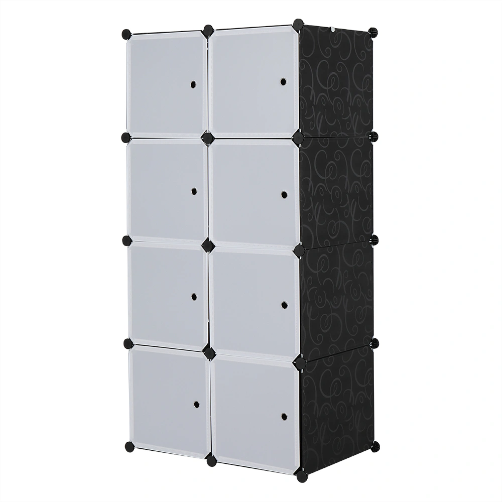 8 Cube Organizer Stackable Plastic Cube Storage Shelves Design Multifunctional Modular Closet Cabinet with Hanging Rod White Doors and Black Panels view 2