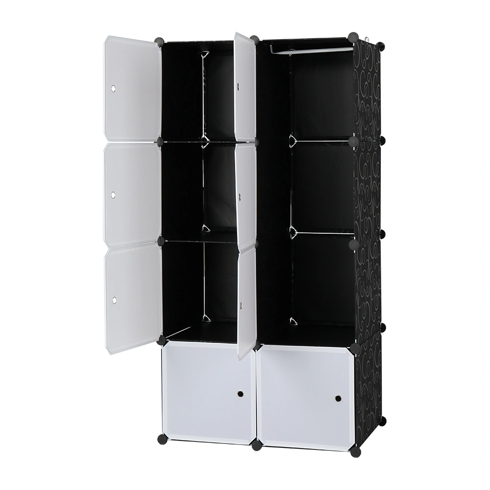 8 Cube Organizer Stackable Plastic Cube Storage Shelves Design Multifunctional Modular Closet Cabinet with Hanging Rod White Doors and Black Panels view 3