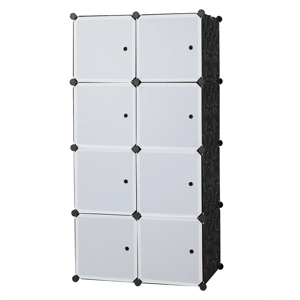 8 Cube Organizer Stackable Plastic Cube Storage Shelves Design Multifunctional Modular Closet Cabinet with Hanging Rod White Doors and Black Panels view 4