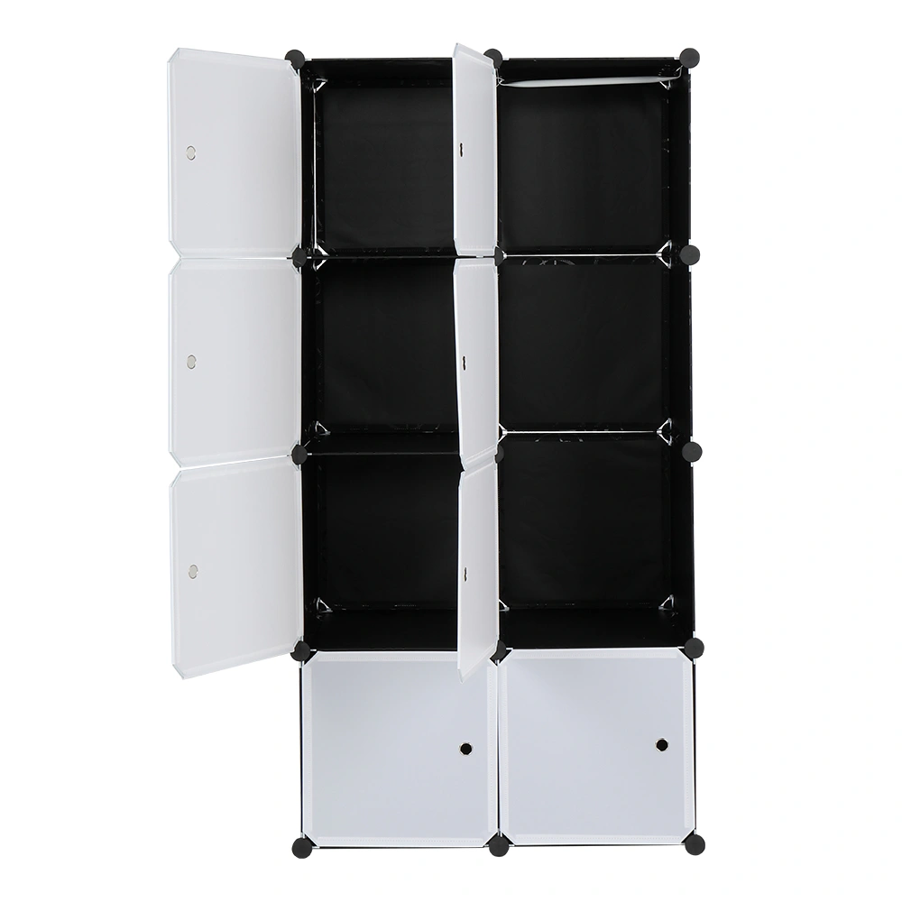8 Cube Organizer Stackable Plastic Cube Storage Shelves Design Multifunctional Modular Closet Cabinet with Hanging Rod White Doors and Black Panels view 5