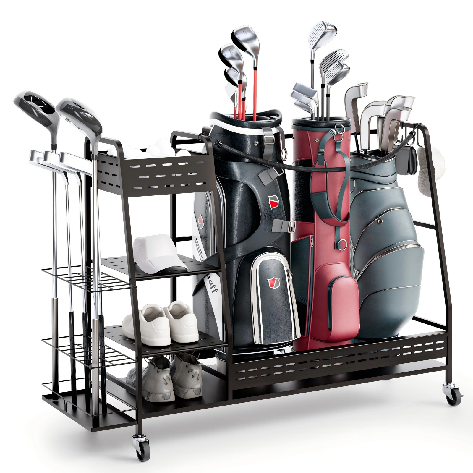 Golf Bag Organizer Stand for 3 Golf Bags, Extra Large Golf Equipment Rack Holder for Garage, Club, Basement, Golftasche Storage