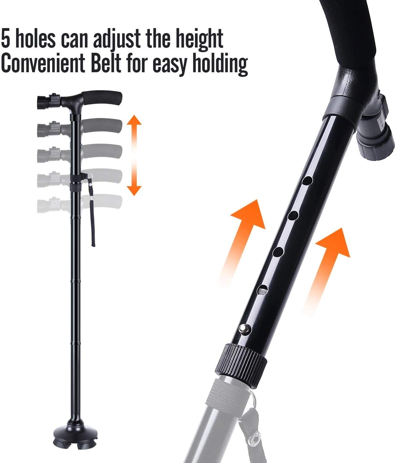 5-Level Adjustable Height Walking Stick - Portable Foldable Cane with LED Light for Camping Hiking Travel, Compact Walking Cane view 3