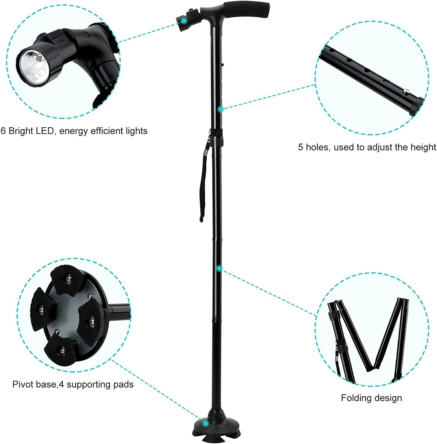 5-Level Adjustable Height Walking Stick - Portable Foldable Cane with LED Light for Camping Hiking Travel, Compact Walking Cane view 4