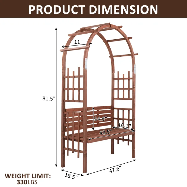 6.8FT Wooden Arch with Bench for 2 People, Garden Arbor Trellis for Climbing Plant, Outdoor Garden Lawn Backyard Patio Decor, Dark Brown view 2