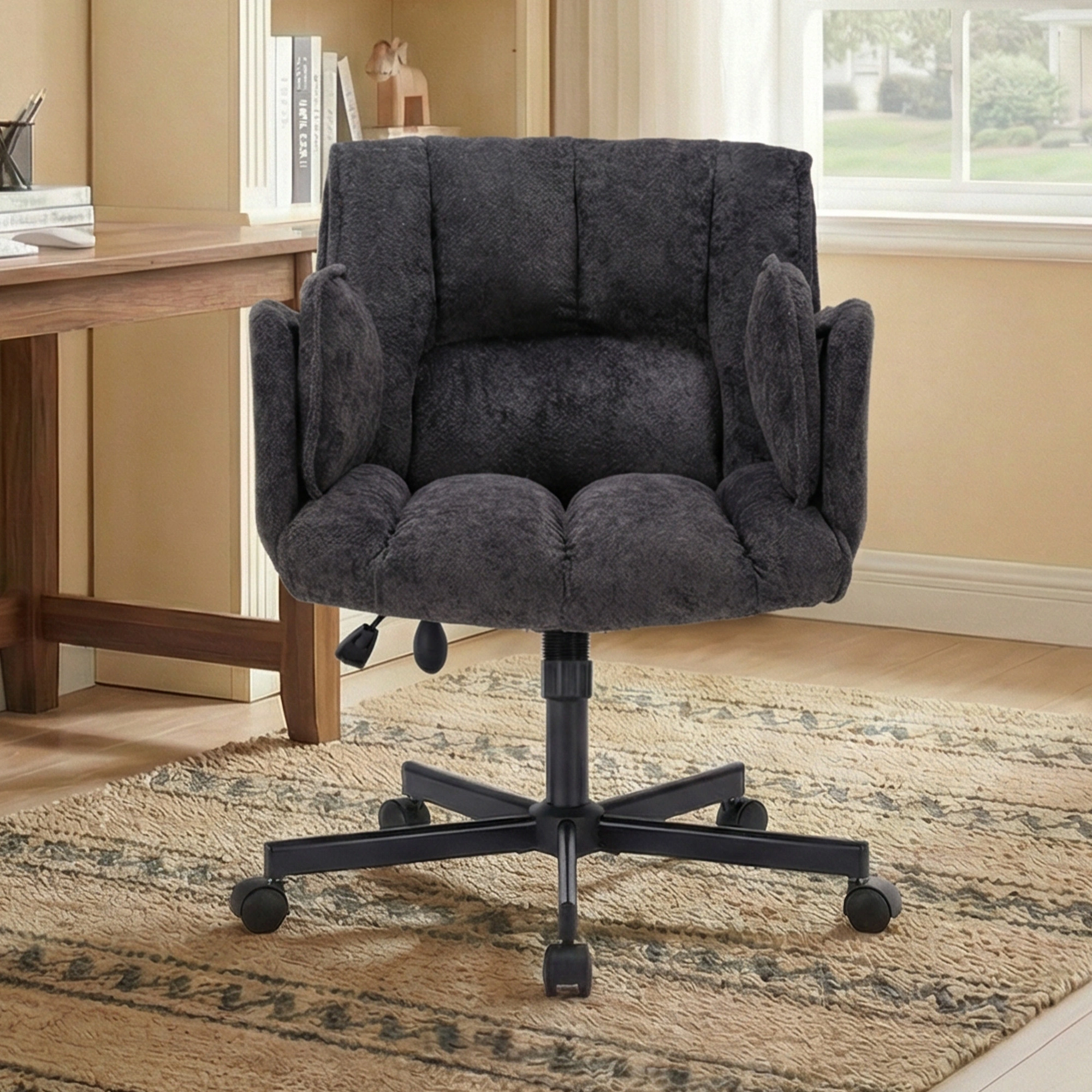 Home office chair, swivel chair, desk chair with casters, rotatable office chair with foldable armrests, load capacity 150kg, height adjustable, black view 2